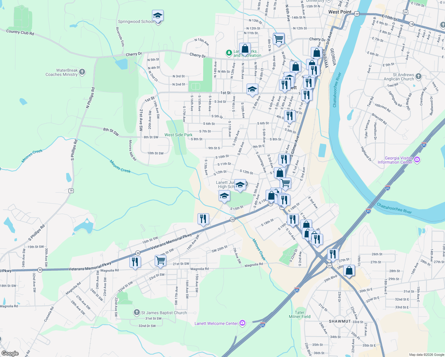 map of restaurants, bars, coffee shops, grocery stores, and more near 899 S 13th St in Lanett