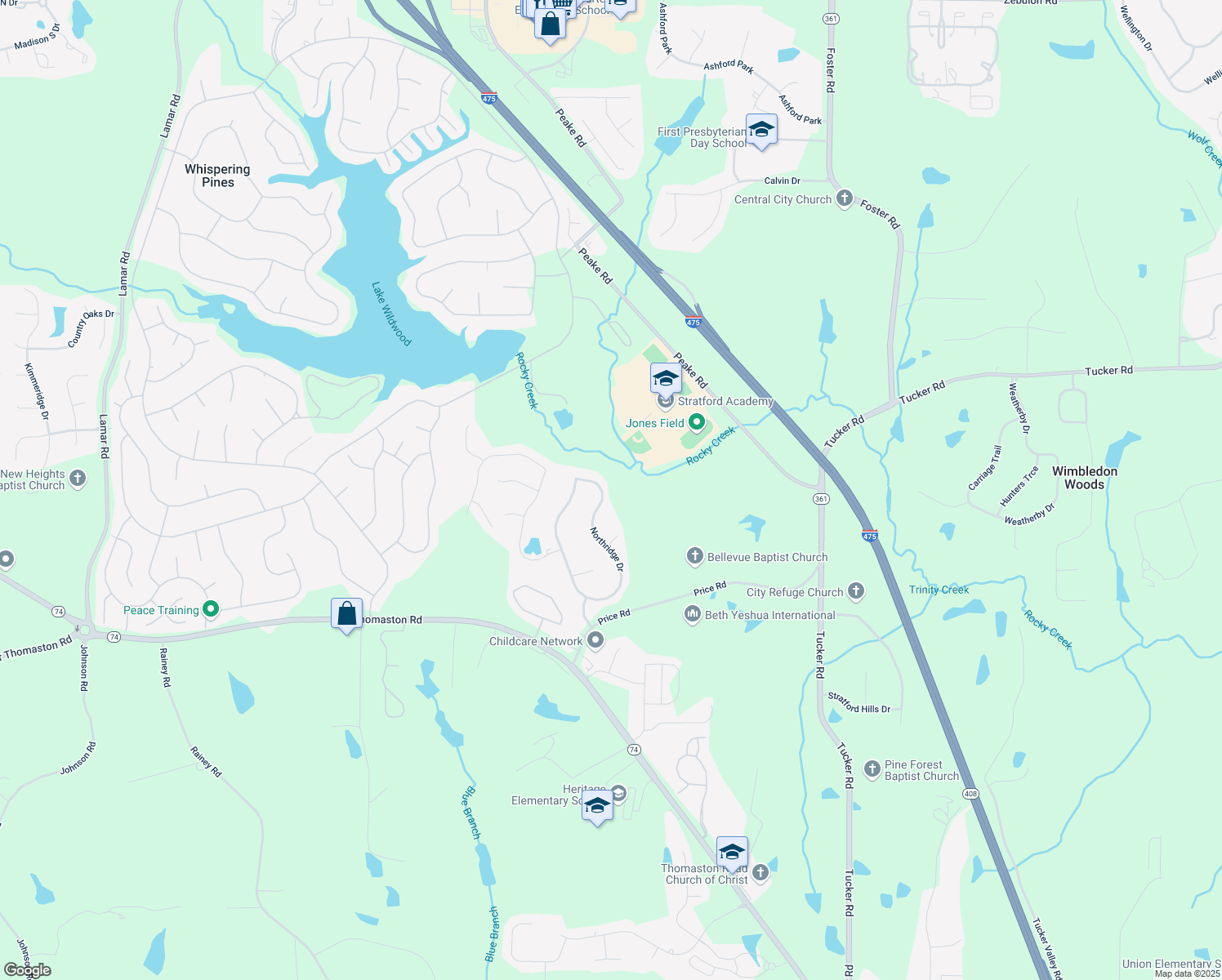 map of restaurants, bars, coffee shops, grocery stores, and more near 206 Northridge Drive in Macon