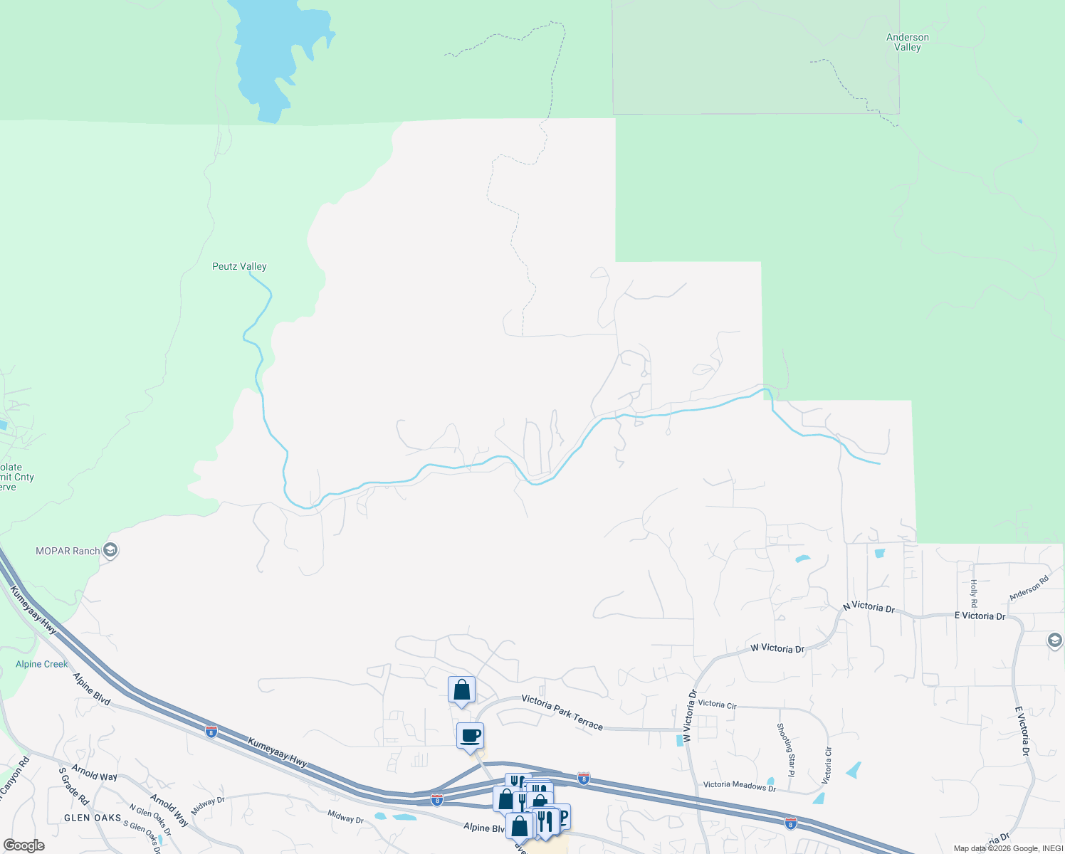 map of restaurants, bars, coffee shops, grocery stores, and more near 1478 Peutz Valley Road in Alpine