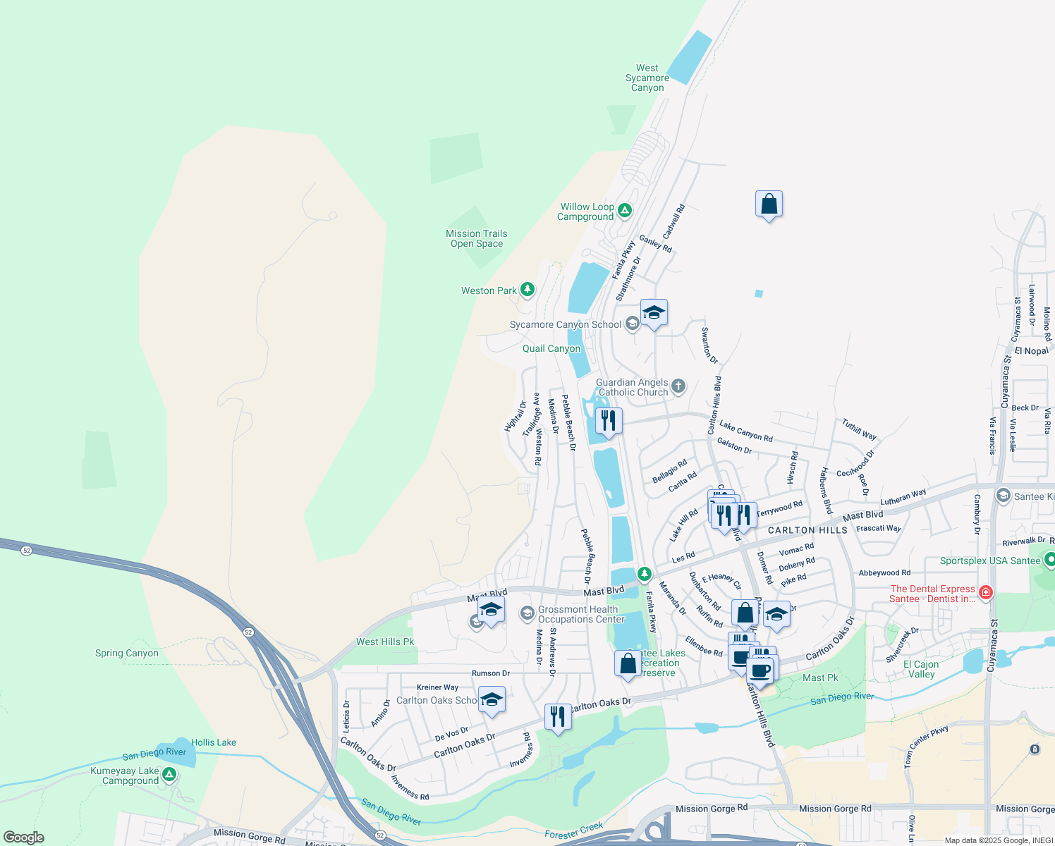 map of restaurants, bars, coffee shops, grocery stores, and more near 8894 Trailridge Avenue in Santee