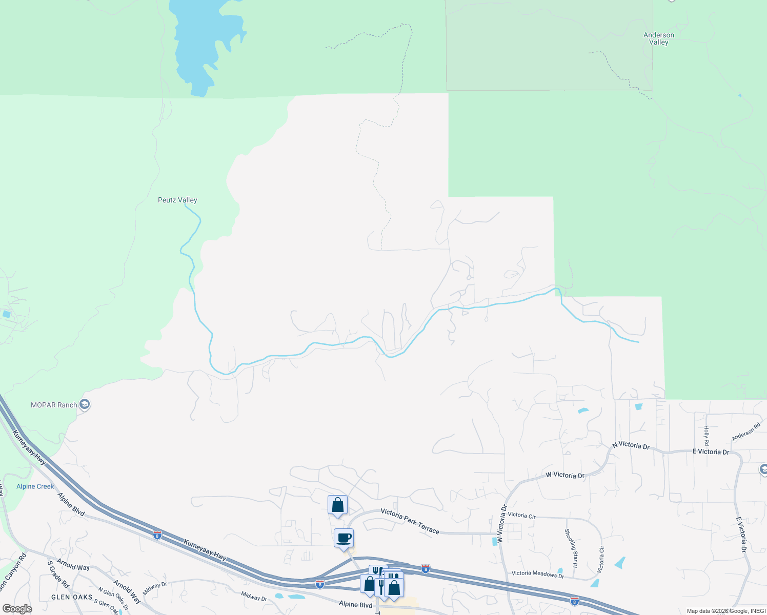 map of restaurants, bars, coffee shops, grocery stores, and more near 1478 Peutz Valley Road in Alpine