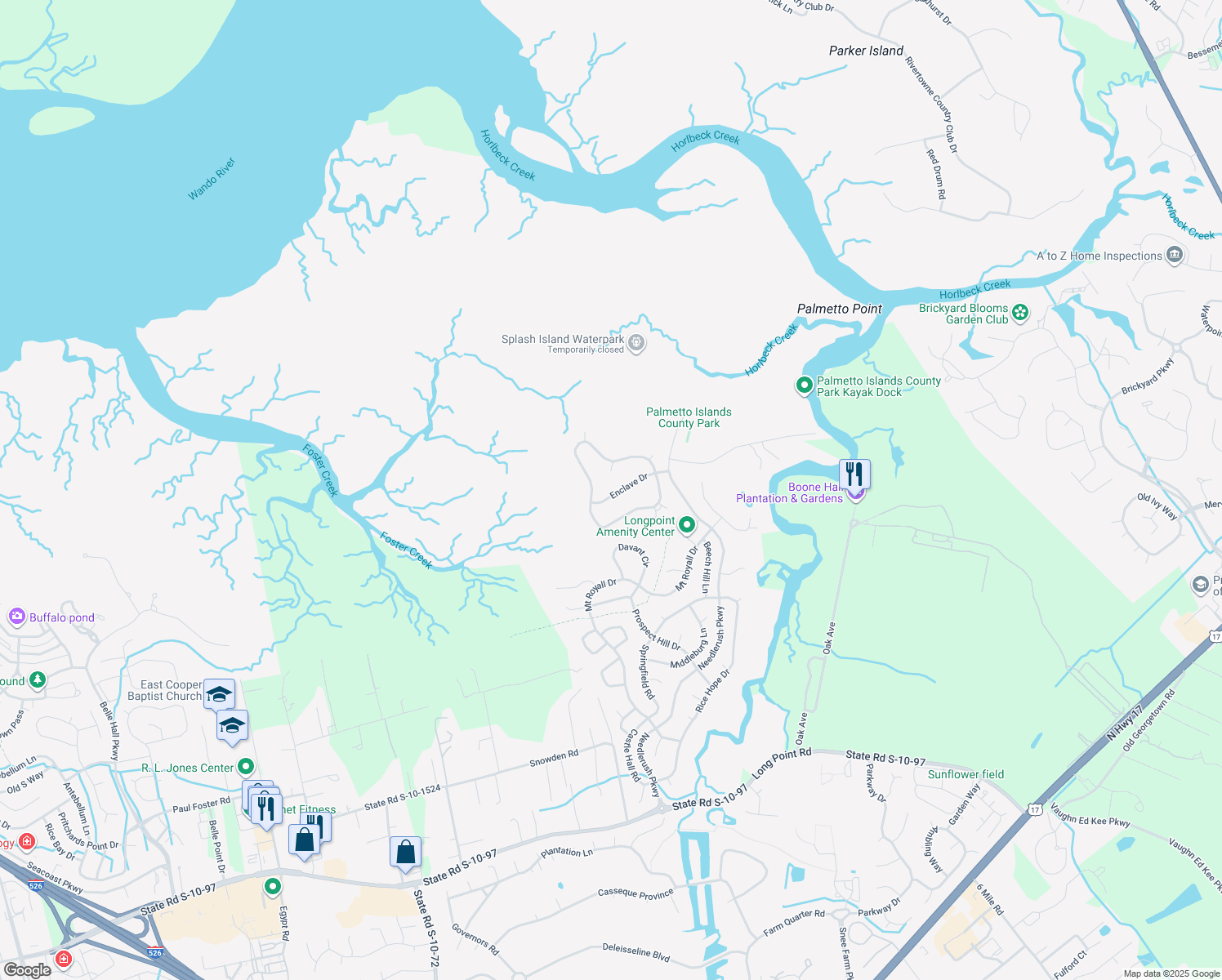 map of restaurants, bars, coffee shops, grocery stores, and more near 1951 Enclave Drive in Mount Pleasant