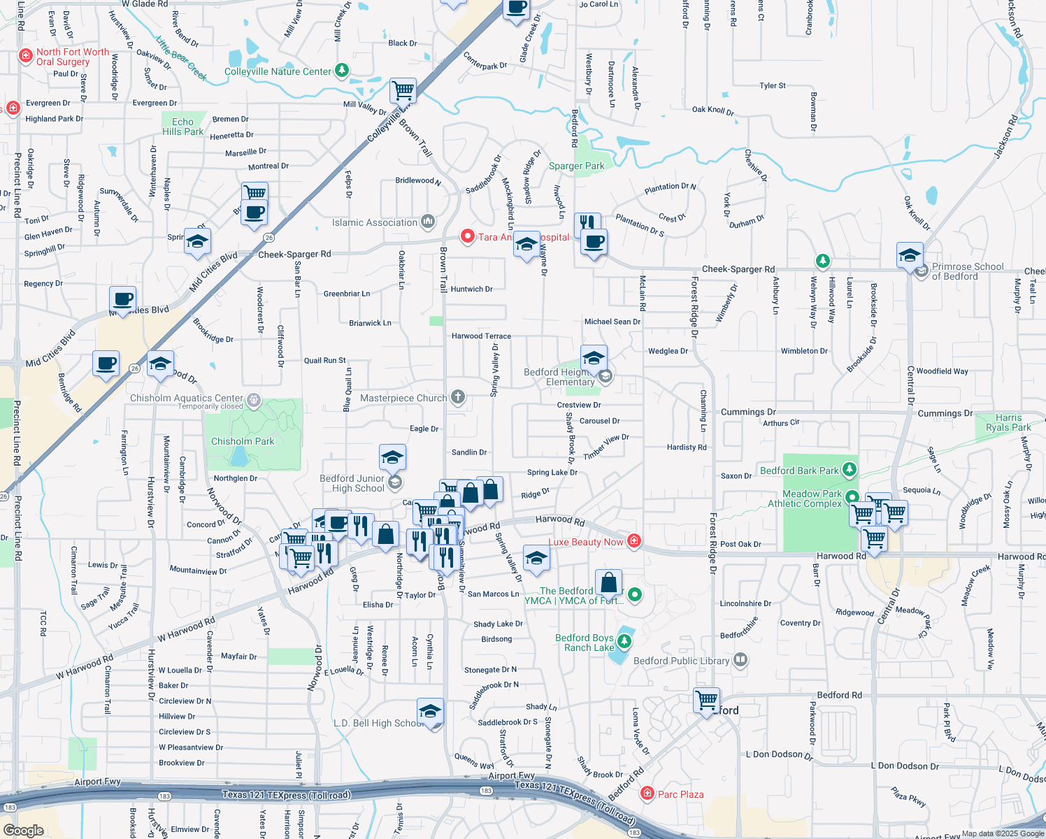 map of restaurants, bars, coffee shops, grocery stores, and more near 3313 Timber Grove Dr in Bedford