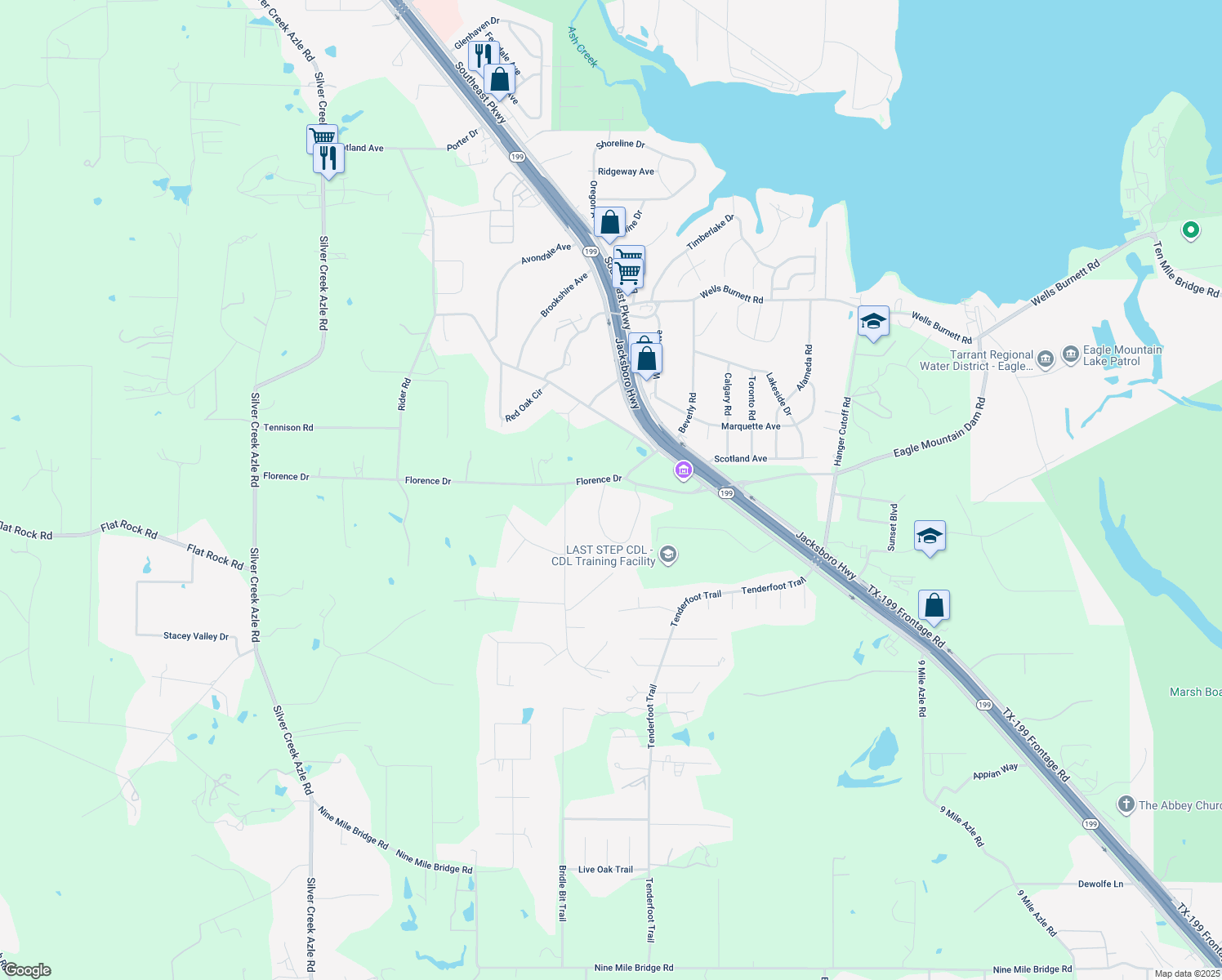 map of restaurants, bars, coffee shops, grocery stores, and more near 1616 Florence Drive in Azle