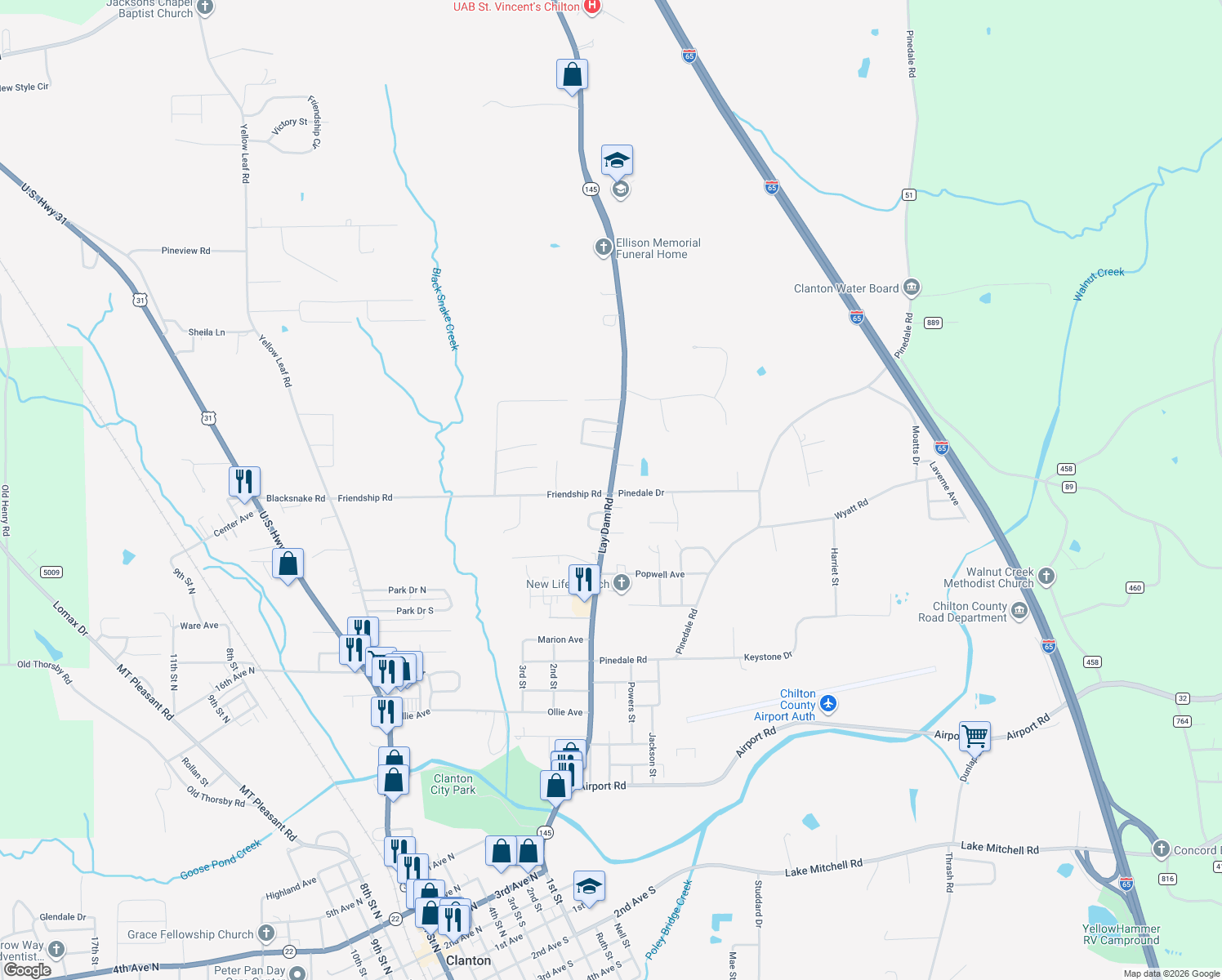 map of restaurants, bars, coffee shops, grocery stores, and more near 1302 Lay Dam Road in Clanton
