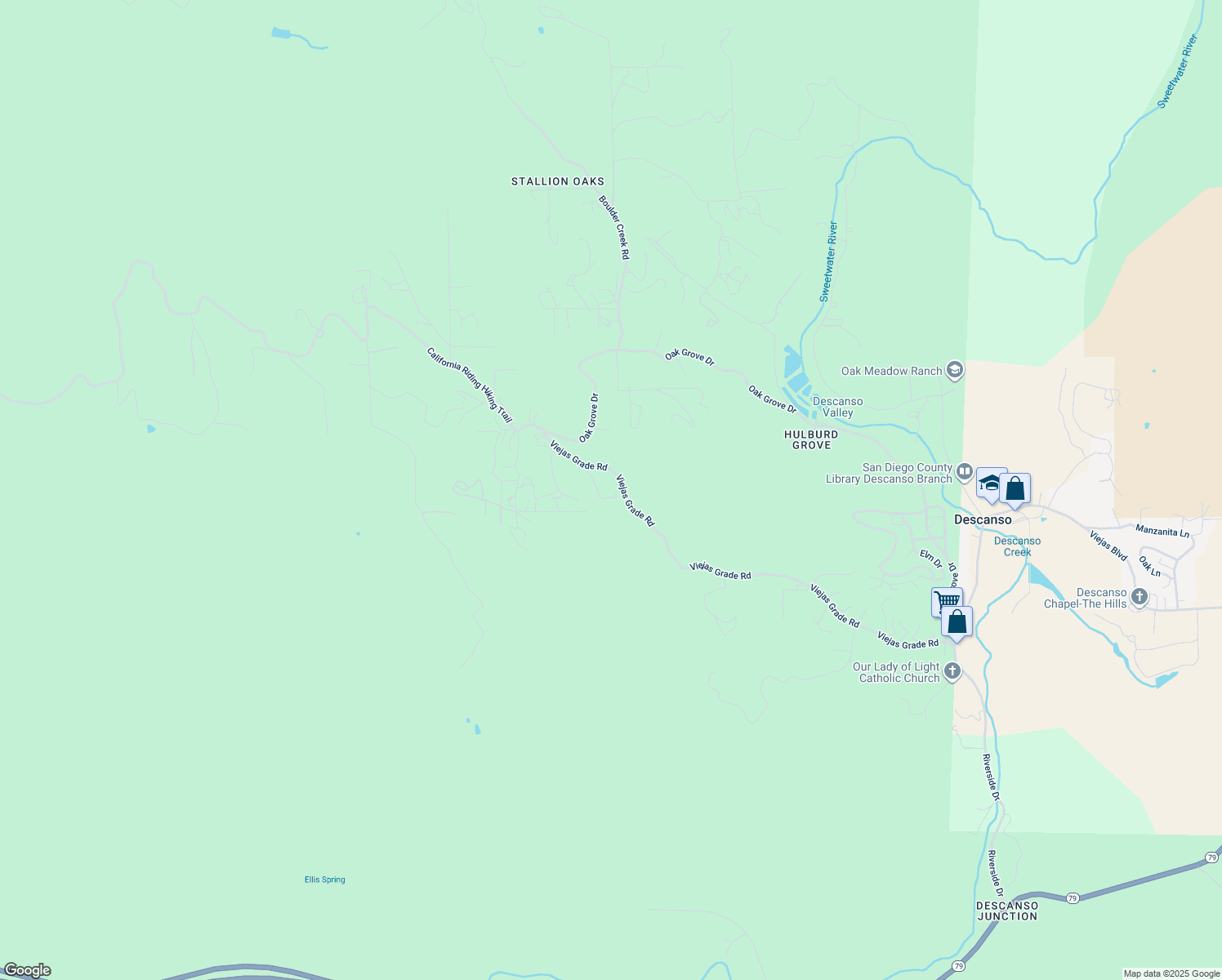 map of restaurants, bars, coffee shops, grocery stores, and more near 23835 Viejas Grade Road in Descanso