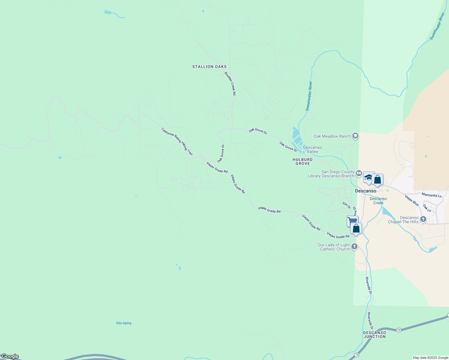 map of restaurants, bars, coffee shops, grocery stores, and more near 23835 Viejas Grade Road in Descanso