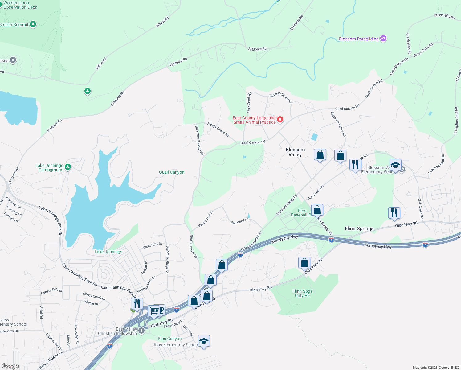 map of restaurants, bars, coffee shops, grocery stores, and more near 14696 Ranch Trail Drive in El Cajon
