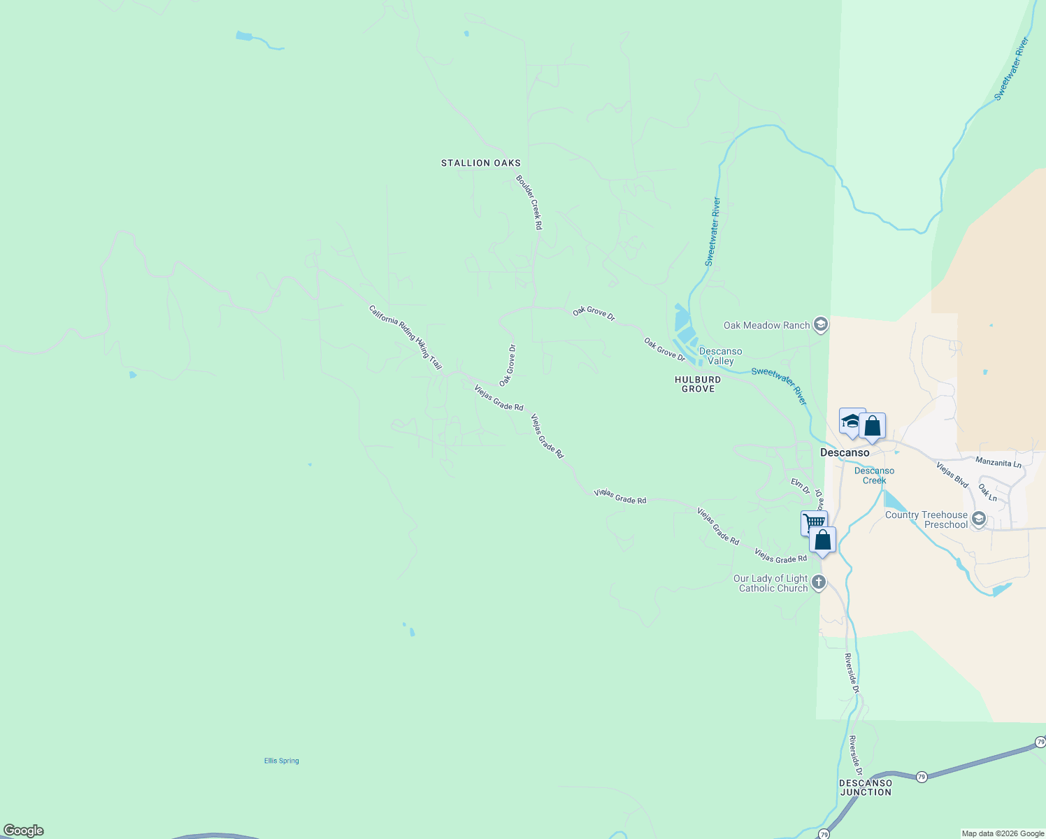 map of restaurants, bars, coffee shops, grocery stores, and more near 23835 Viejas Grade Road in Descanso