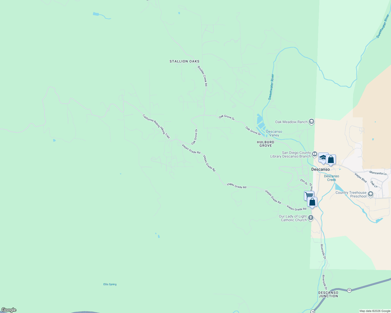 map of restaurants, bars, coffee shops, grocery stores, and more near Old Viejas Grade Road in Descanso
