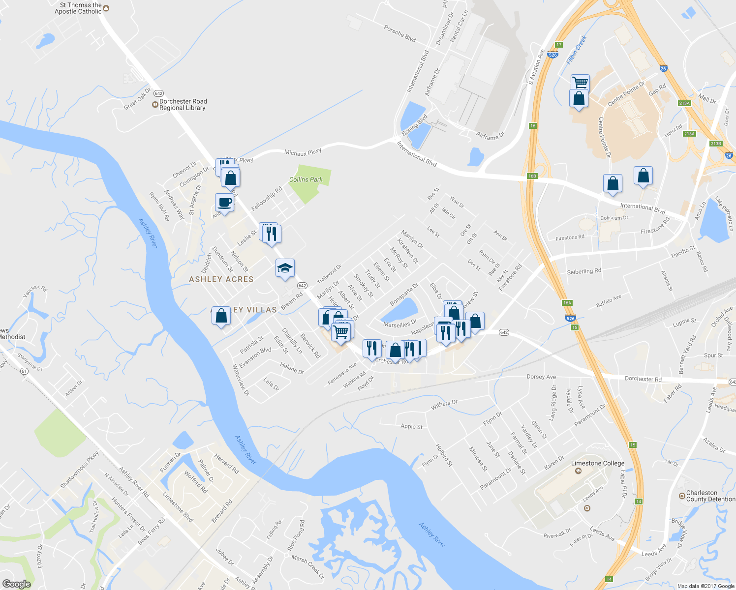 map of restaurants, bars, coffee shops, grocery stores, and more near 5305 Smokey Street in North Charleston