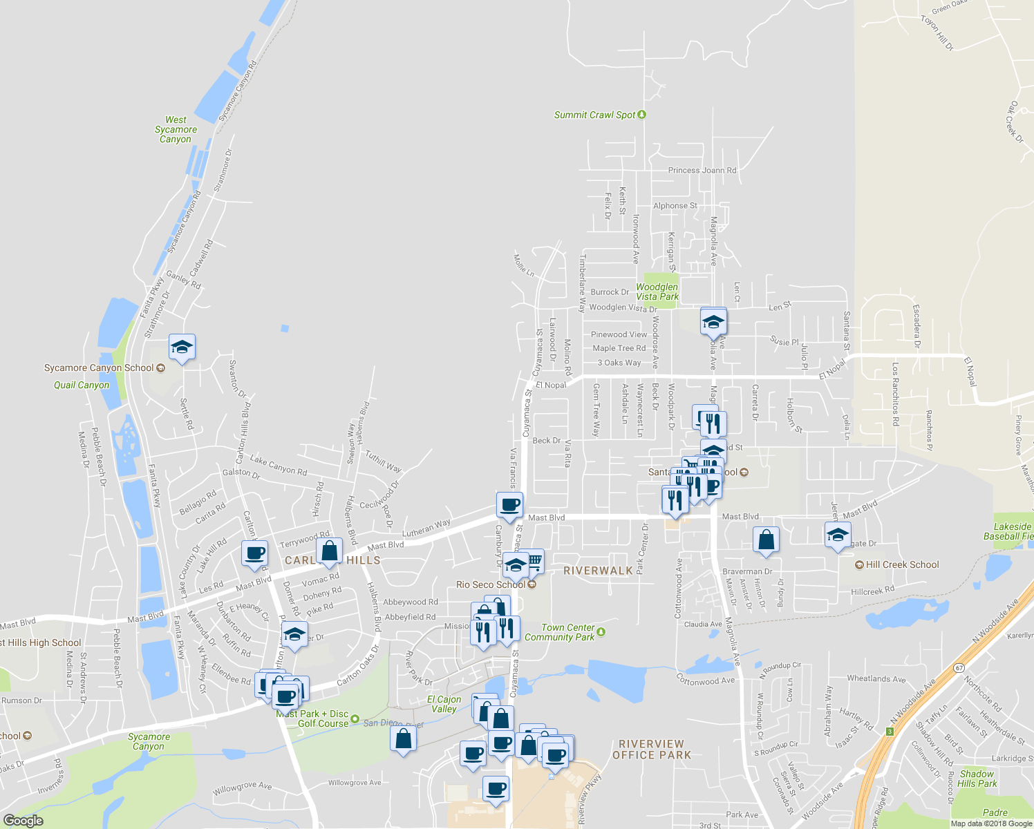 map of restaurants, bars, coffee shops, grocery stores, and more near 10051 Via Francis in Santee