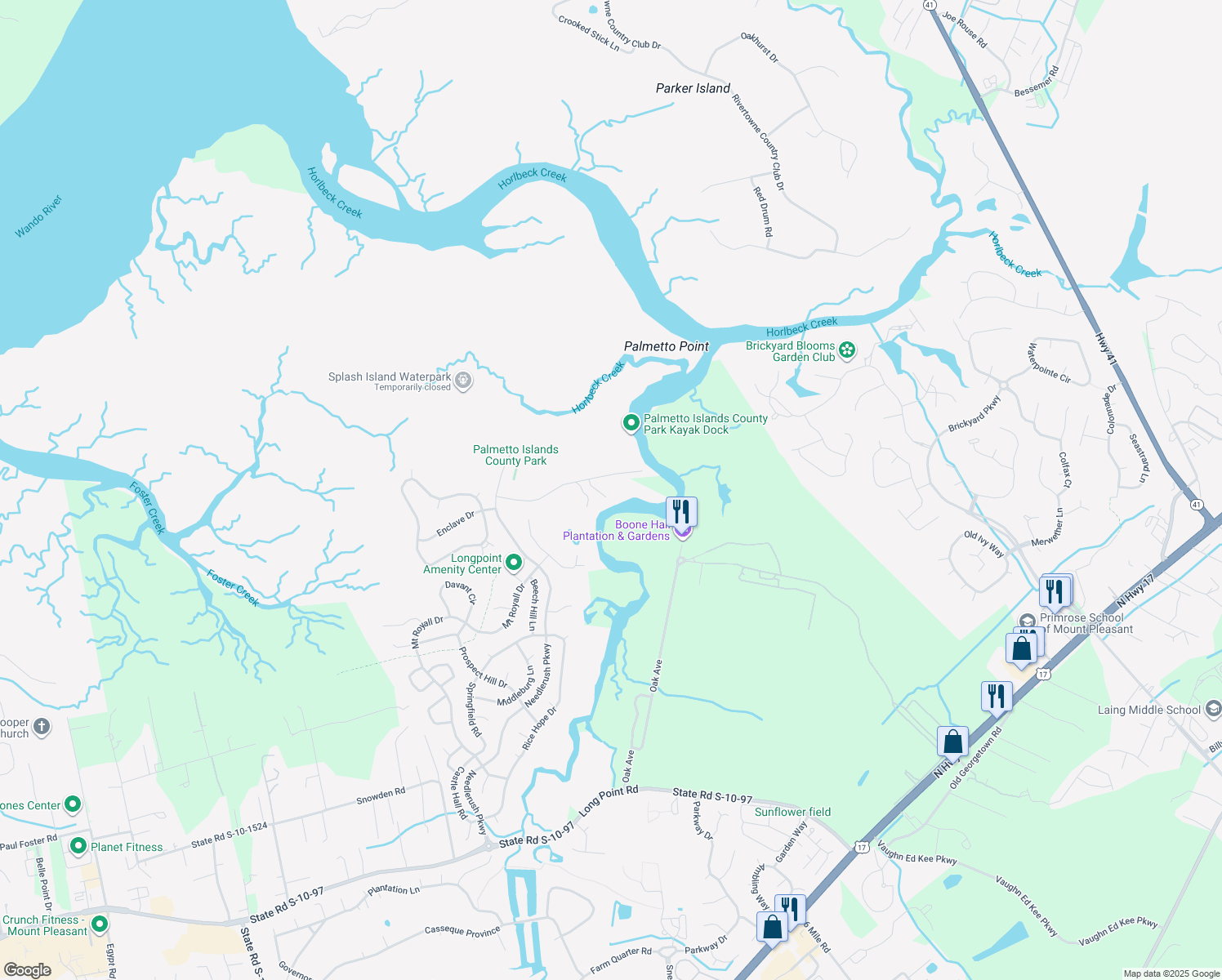 map of restaurants, bars, coffee shops, grocery stores, and more near 1878 Peaceful Way in Mount Pleasant