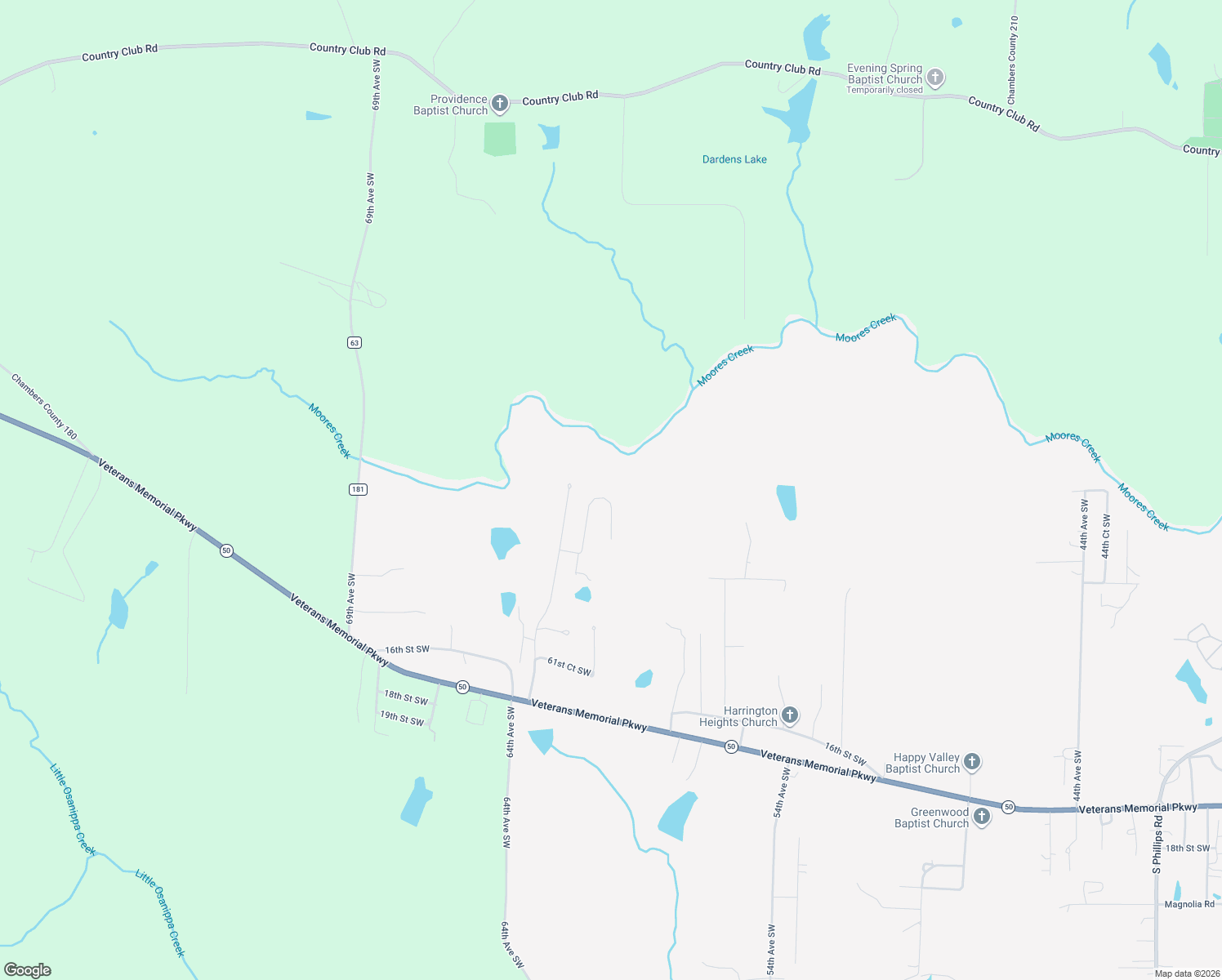 map of restaurants, bars, coffee shops, grocery stores, and more near 6443 13th Court Southwest in Lanett