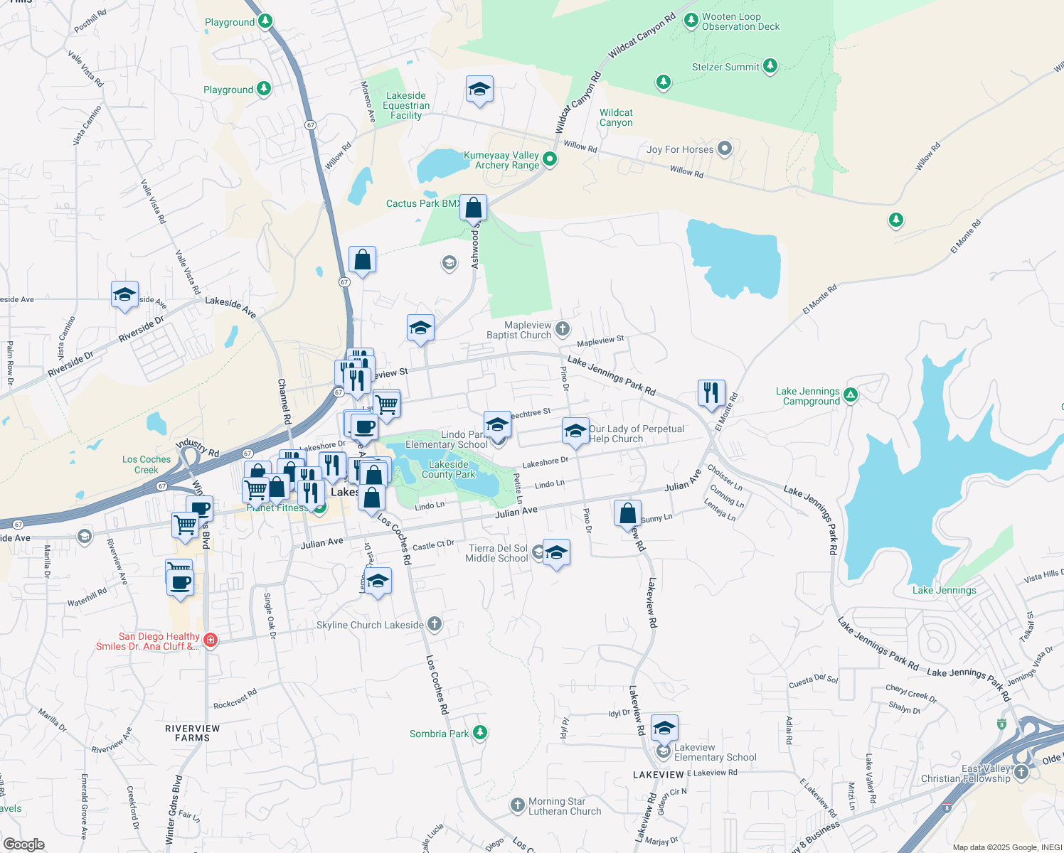 map of restaurants, bars, coffee shops, grocery stores, and more near 13038 Shenandoah Drive in Lakeside