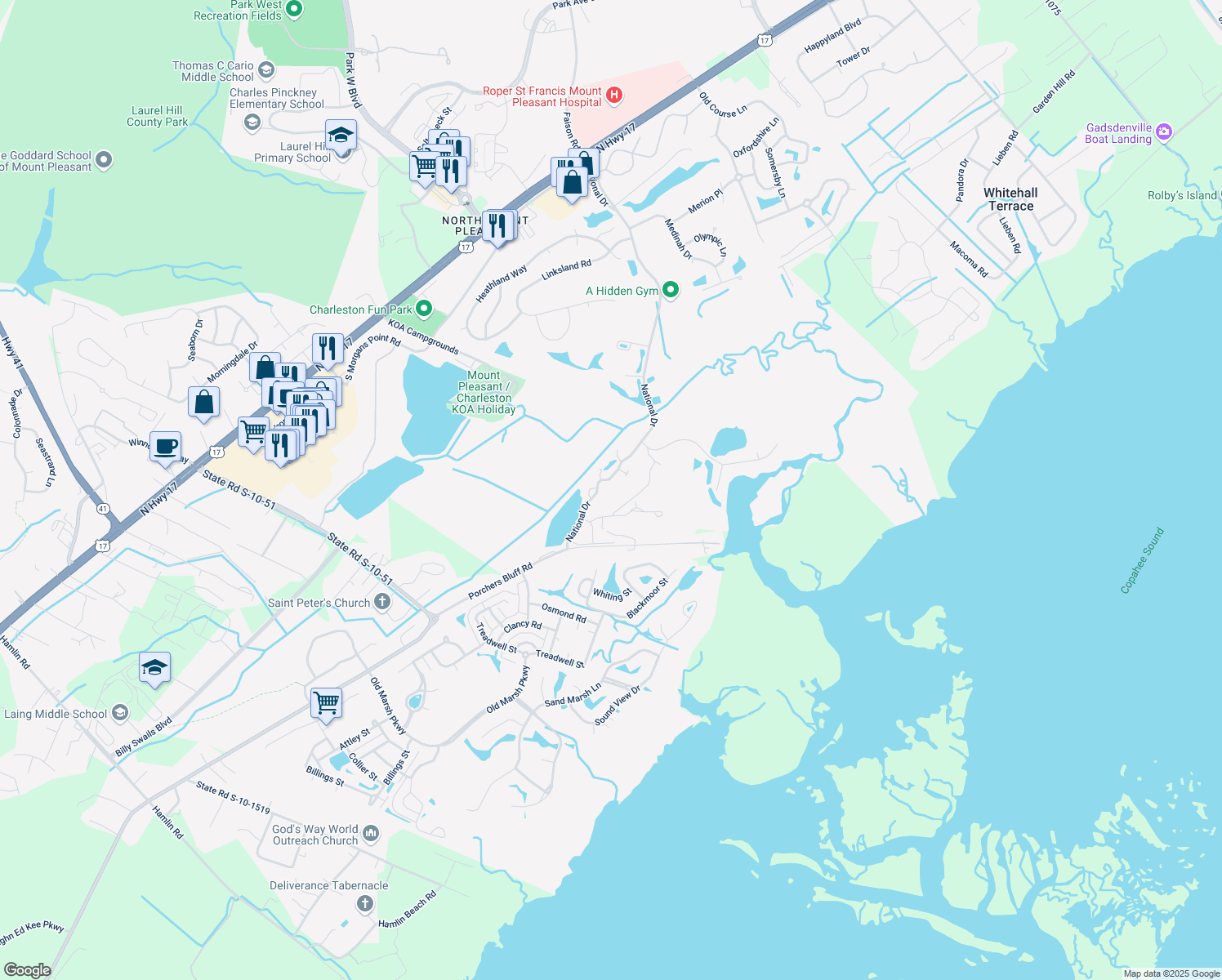 map of restaurants, bars, coffee shops, grocery stores, and more near 1402 Hopeman Lane in Mount Pleasant