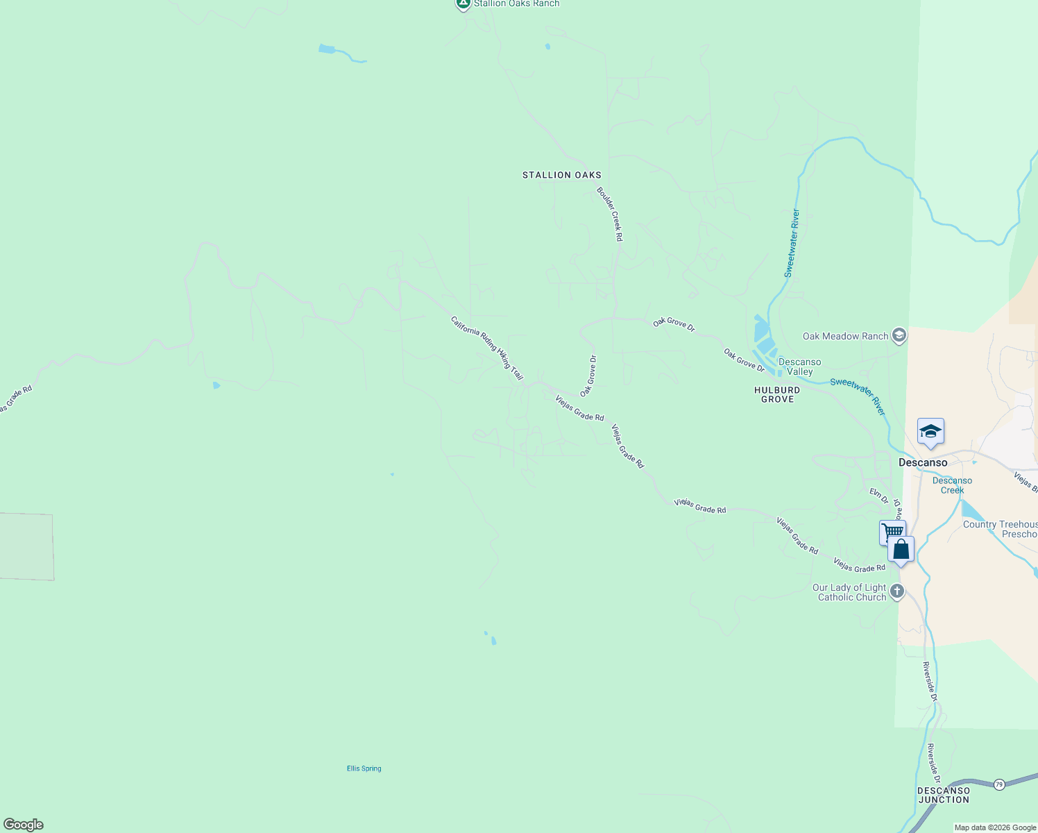 map of restaurants, bars, coffee shops, grocery stores, and more near 9720 Garwood Road in Descanso