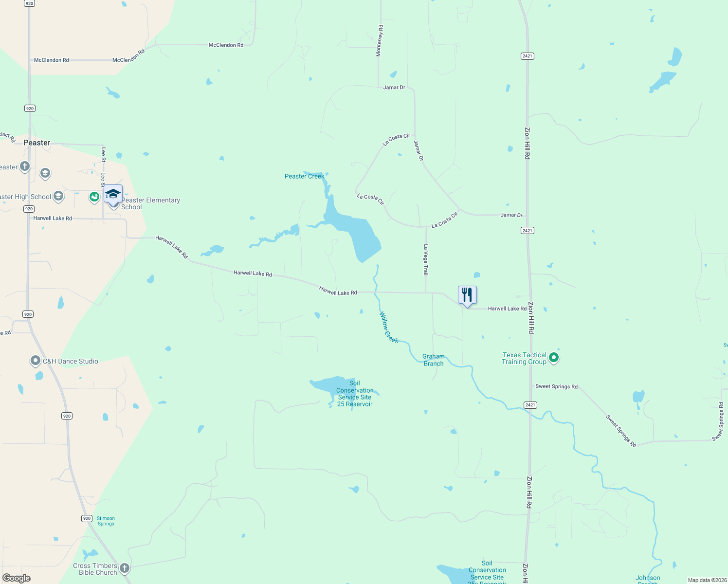 map of restaurants, bars, coffee shops, grocery stores, and more near 2883 Harwell Lake Road in Weatherford