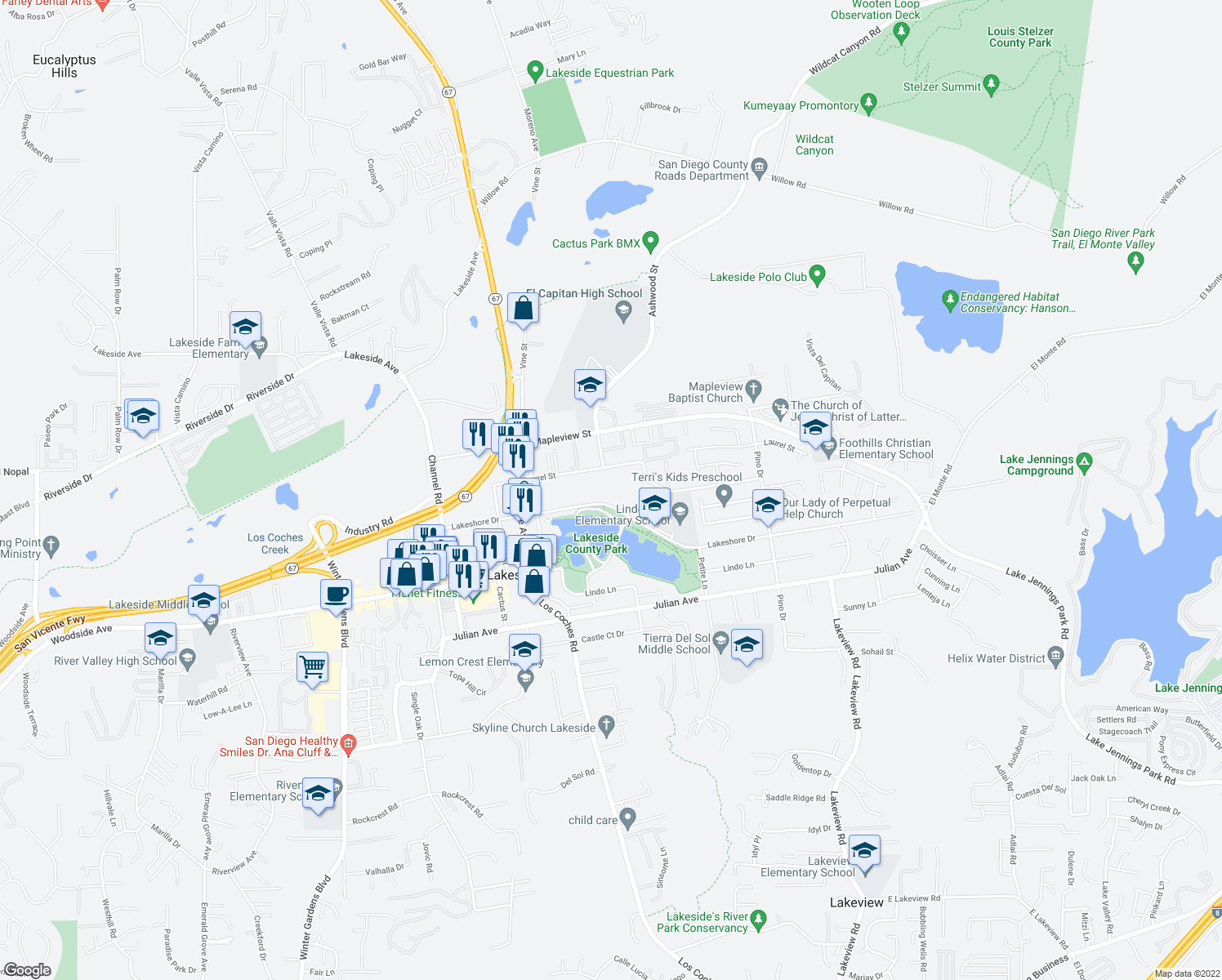 map of restaurants, bars, coffee shops, grocery stores, and more near 12642 Lakeshore Drive in Lakeside