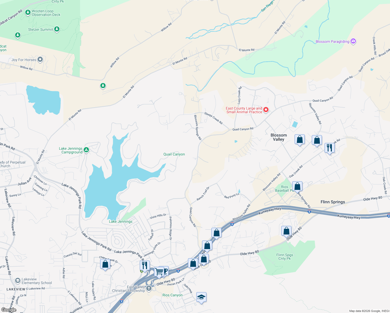 map of restaurants, bars, coffee shops, grocery stores, and more near 9824 Quail Canyon Road in El Cajon
