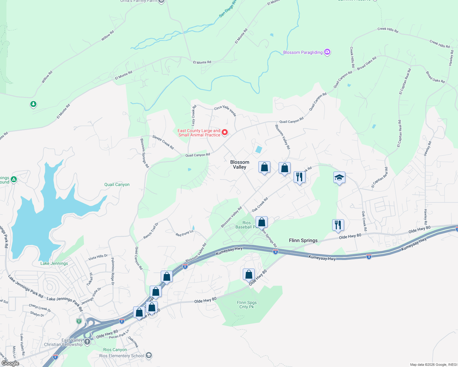 map of restaurants, bars, coffee shops, grocery stores, and more near 9834 Lorraine Ridge Tr in El Cajon