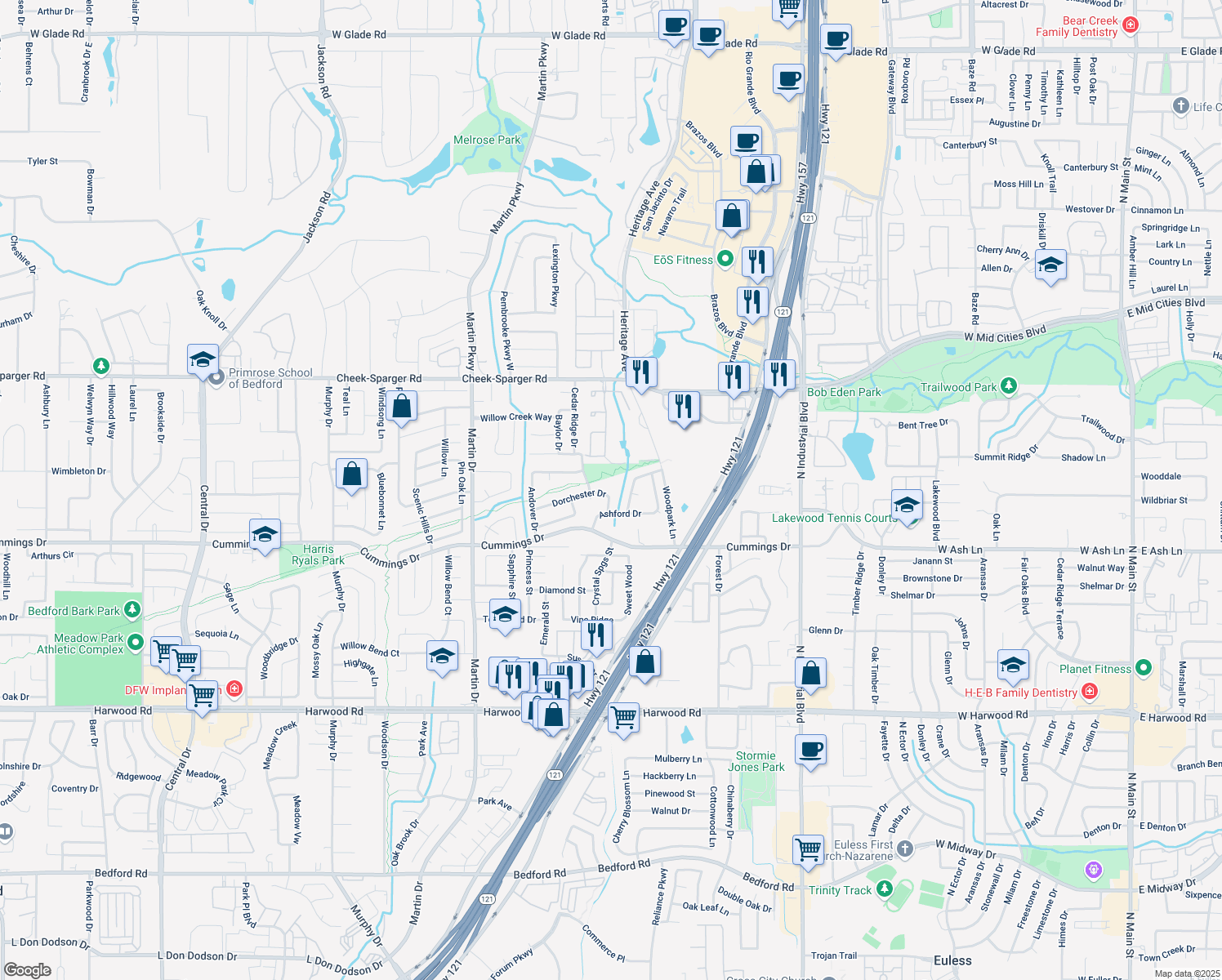 map of restaurants, bars, coffee shops, grocery stores, and more near 3617 Dorchester Drive in Bedford