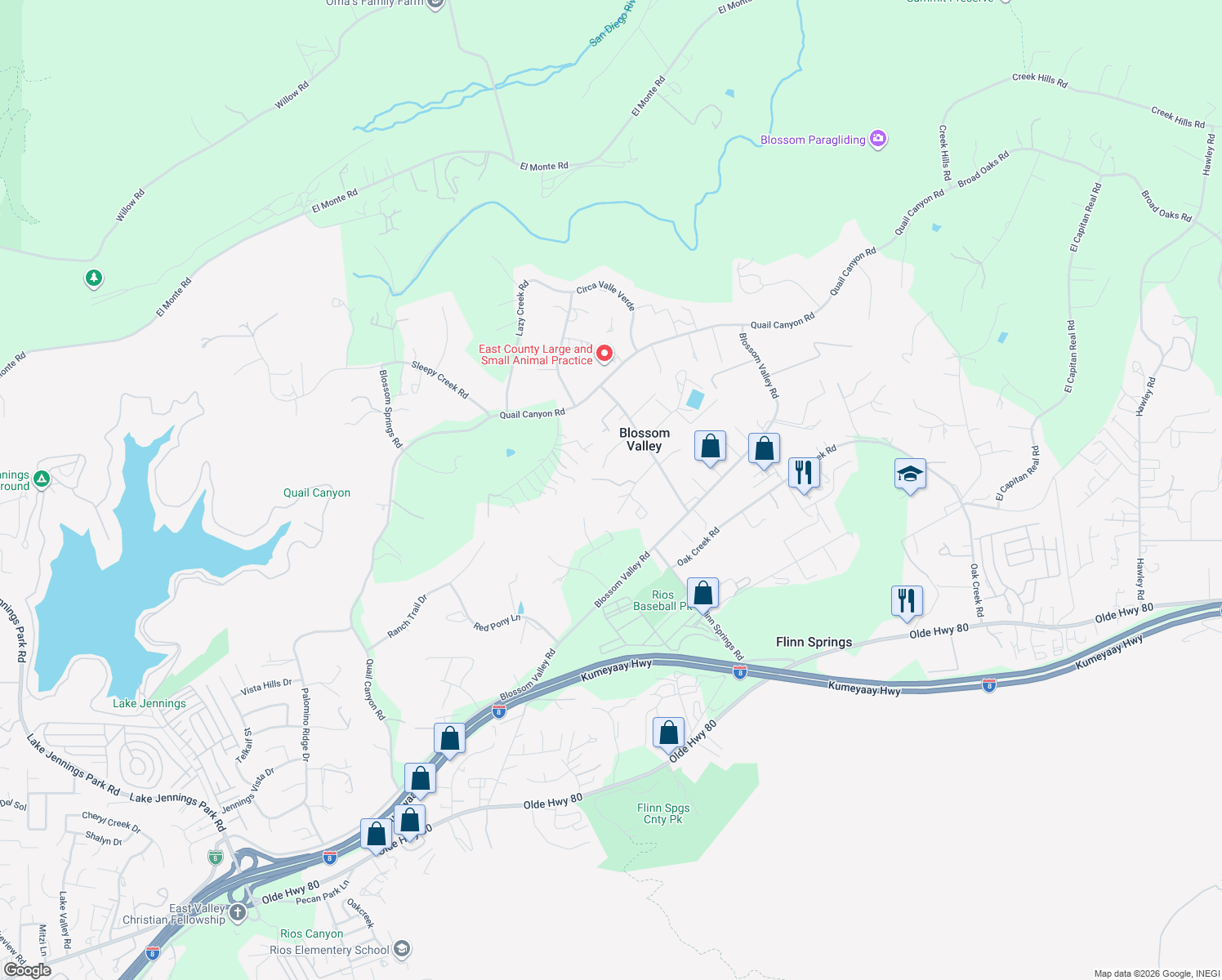 map of restaurants, bars, coffee shops, grocery stores, and more near 9834 Lorraine Ridge Tr in El Cajon