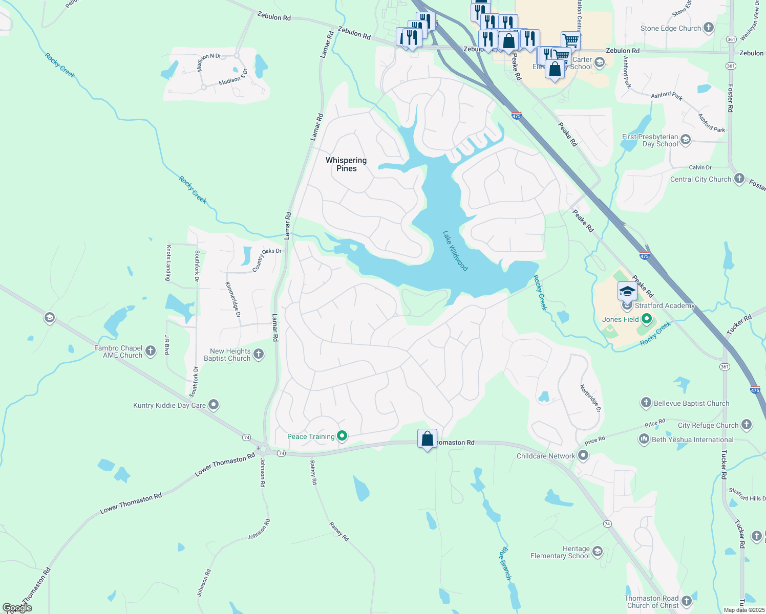 map of restaurants, bars, coffee shops, grocery stores, and more near 1343 Excalibur Drive in Macon