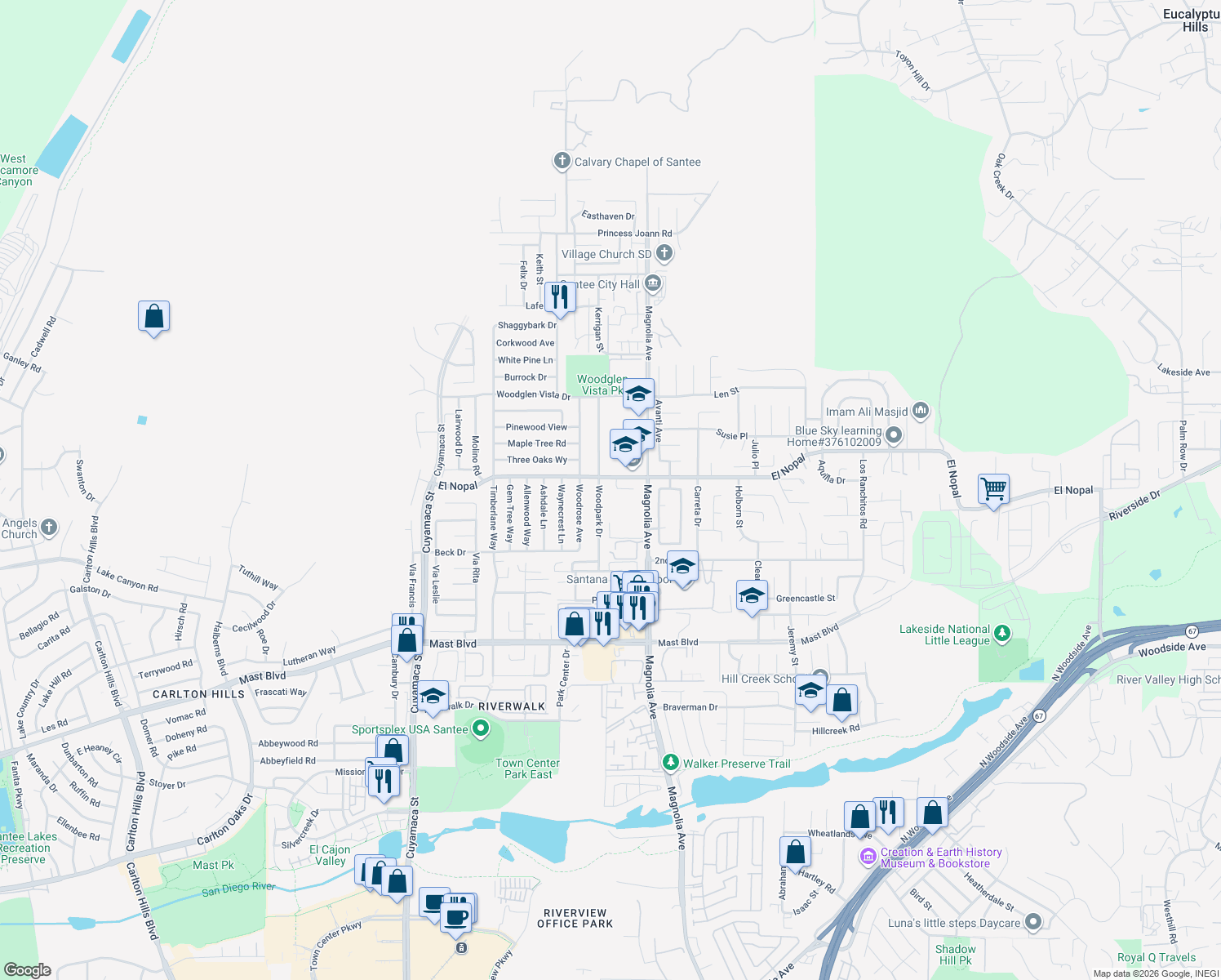 map of restaurants, bars, coffee shops, grocery stores, and more near 10146 Lauren Way in Santee