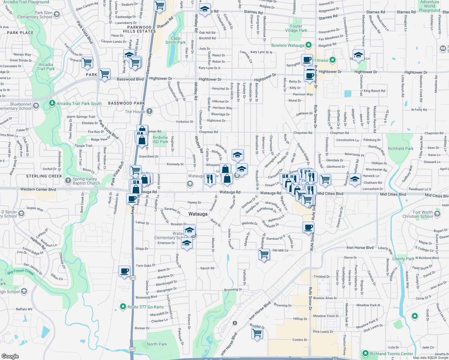 map of restaurants, bars, coffee shops, grocery stores, and more near 6020 Deborah Lane in Watauga