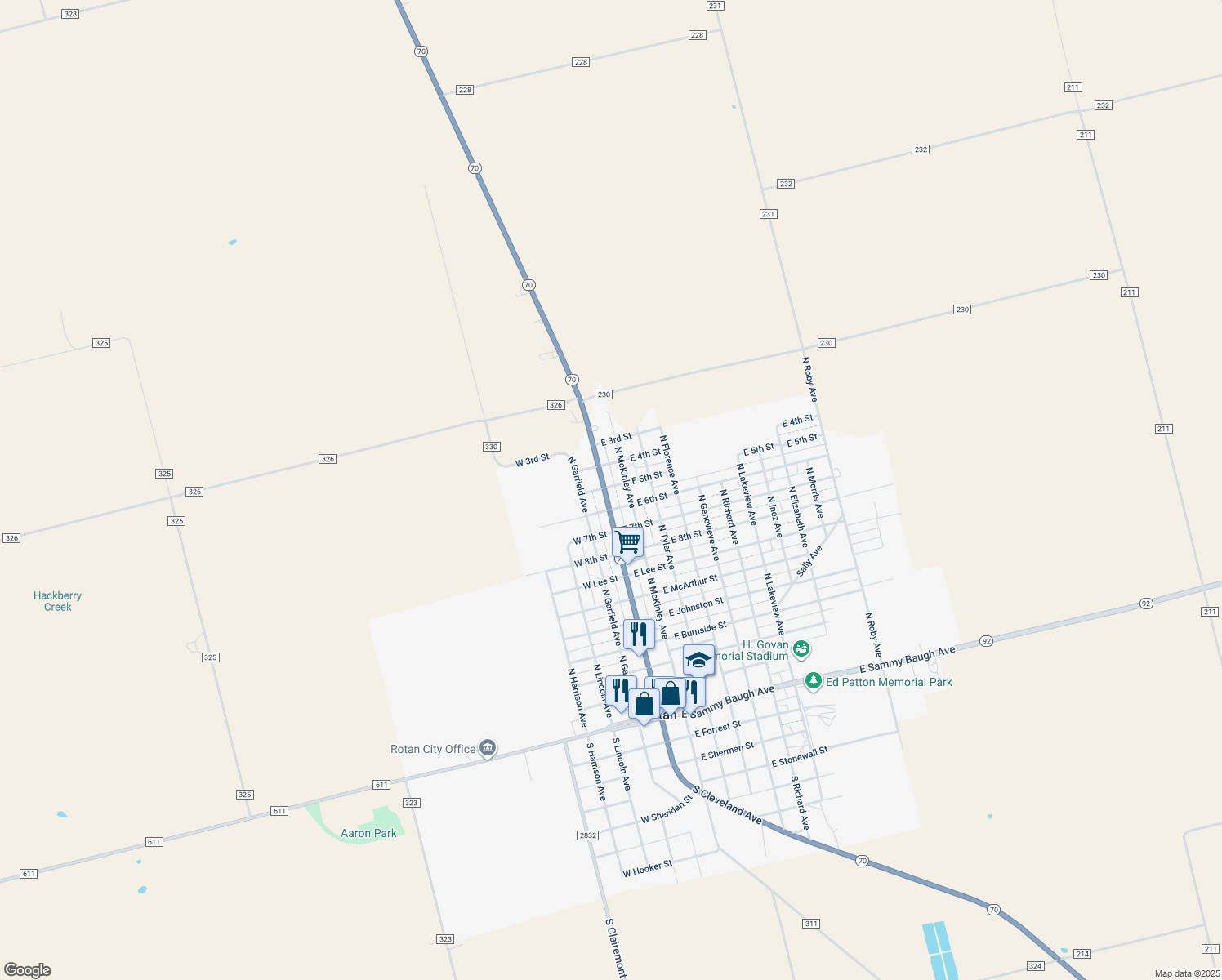 map of restaurants, bars, coffee shops, grocery stores, and more near 1012 North Cleveland Avenue in Rotan