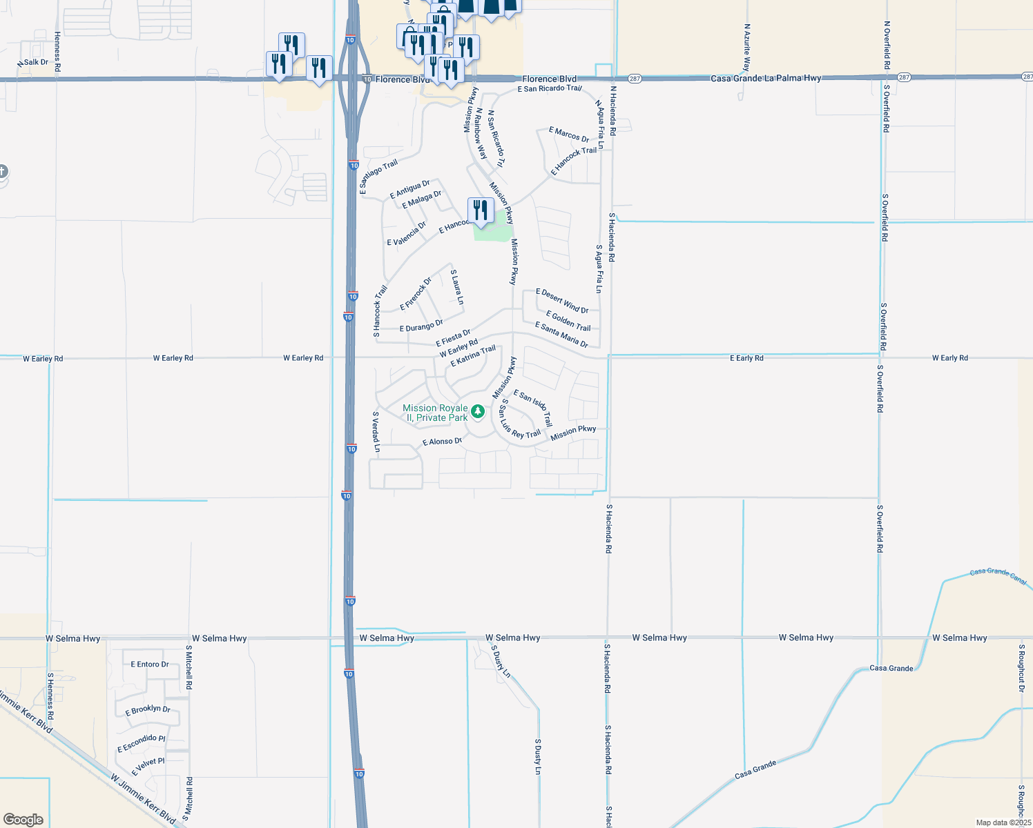 map of restaurants, bars, coffee shops, grocery stores, and more near 260 S San Rafael Ct in Casa Grande
