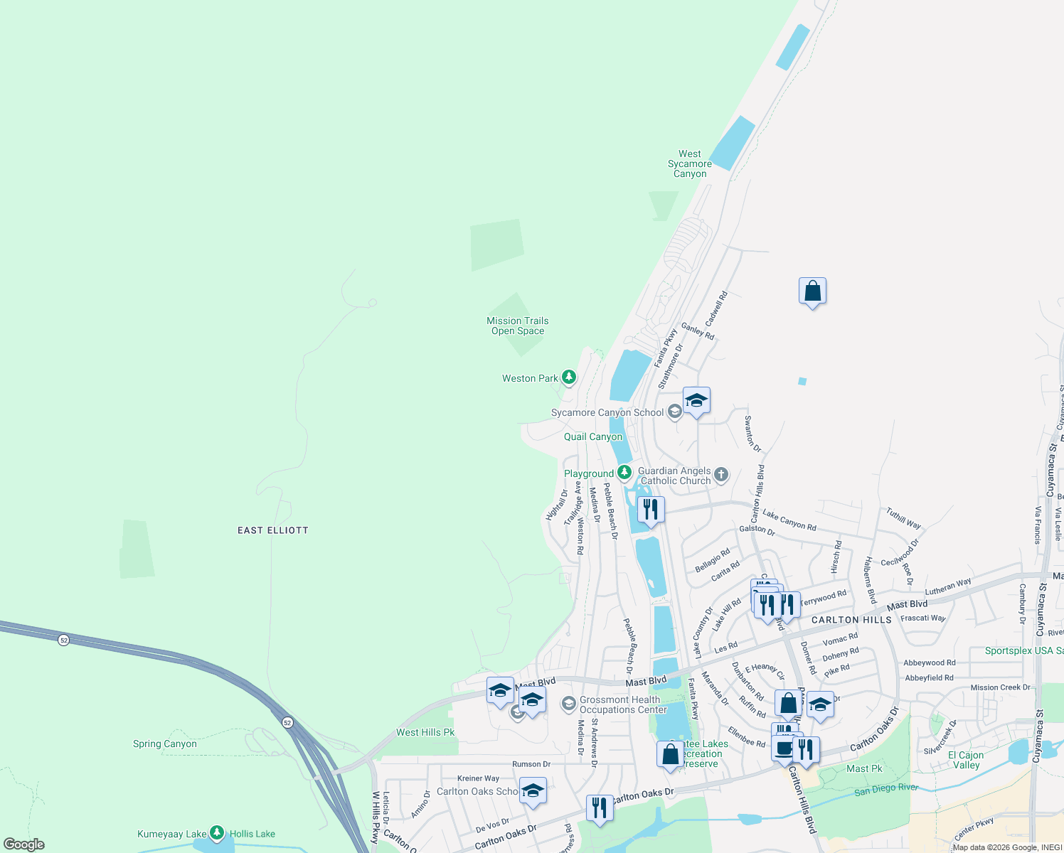 map of restaurants, bars, coffee shops, grocery stores, and more near 9111 West Bluff Place in Santee