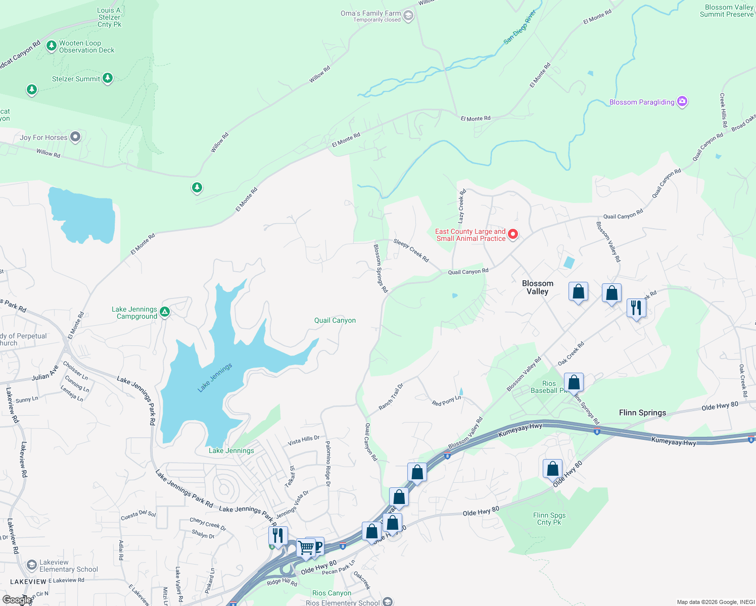 map of restaurants, bars, coffee shops, grocery stores, and more near 9878 Quail Canyon Road in El Cajon
