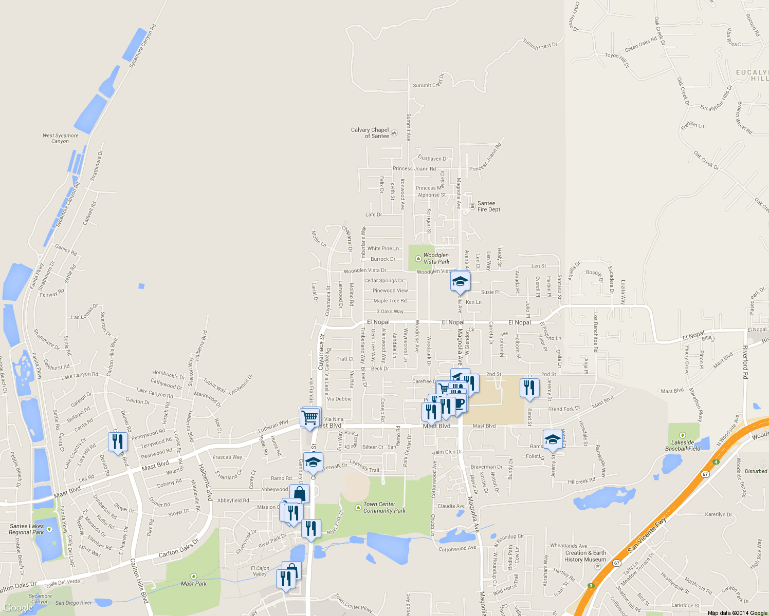 map of restaurants, bars, coffee shops, grocery stores, and more near 10054 3 Oaks Way in Santee