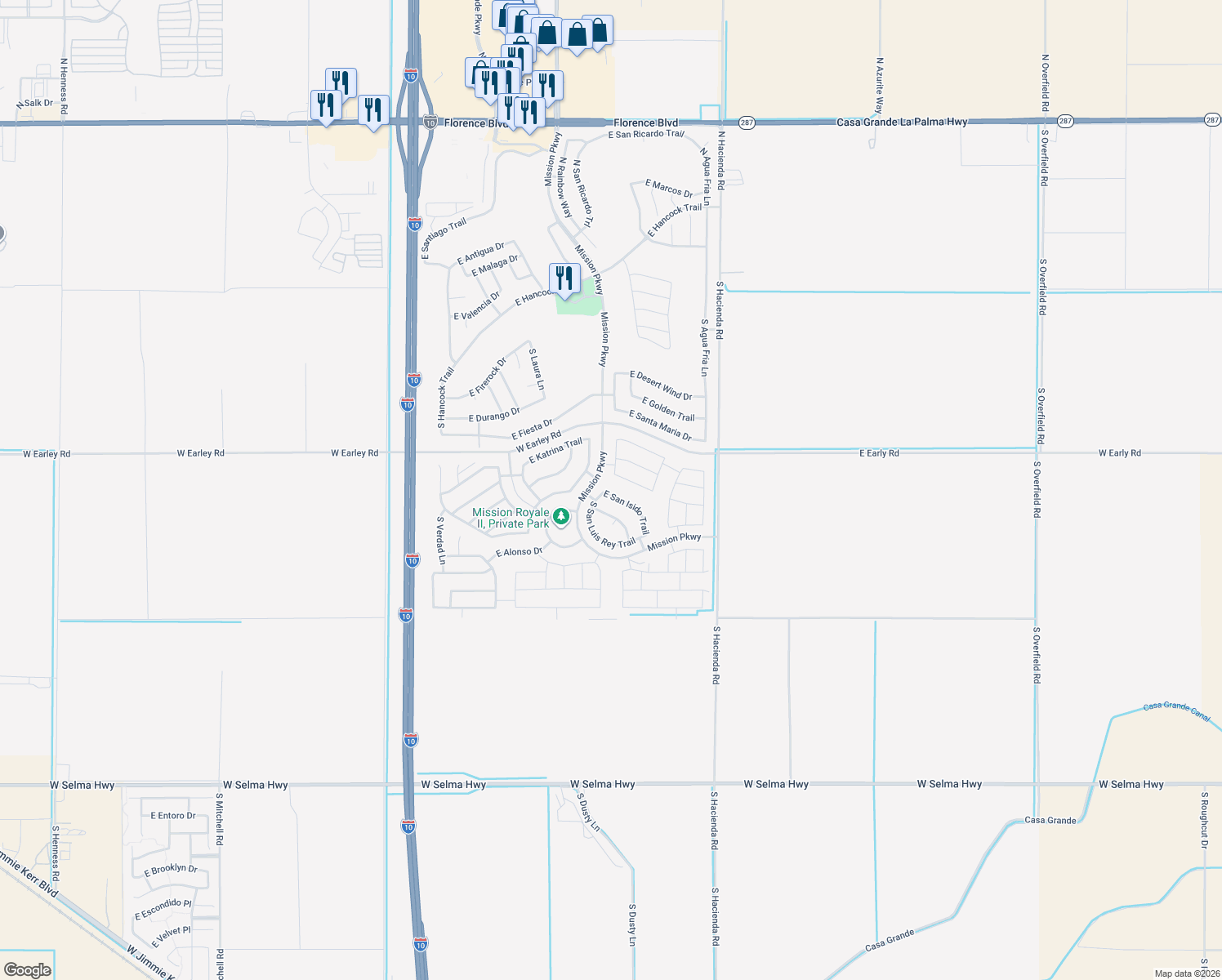 map of restaurants, bars, coffee shops, grocery stores, and more near 2558 East San Isido Trail in Casa Grande
