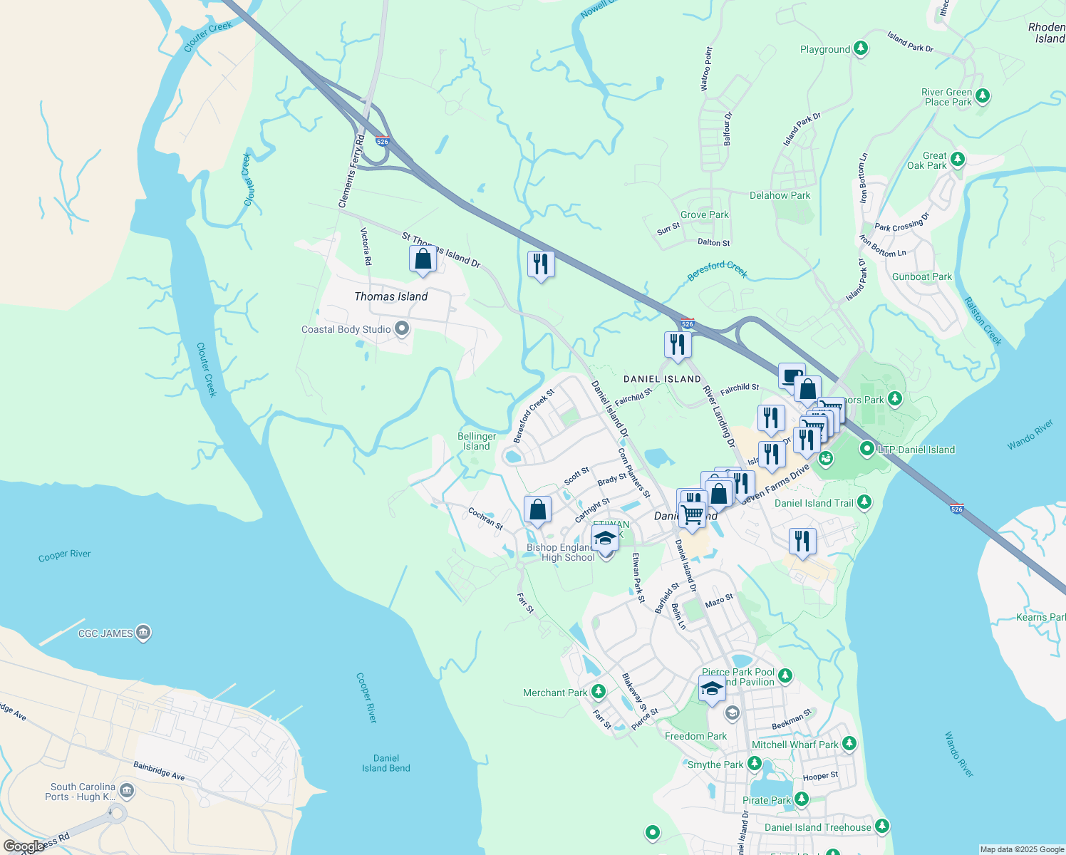 map of restaurants, bars, coffee shops, grocery stores, and more near 128 Bellinger St in Charleston