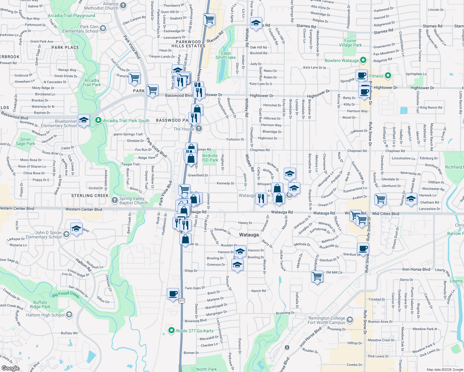 map of restaurants, bars, coffee shops, grocery stores, and more near 5744 Kennedy Street in Watauga