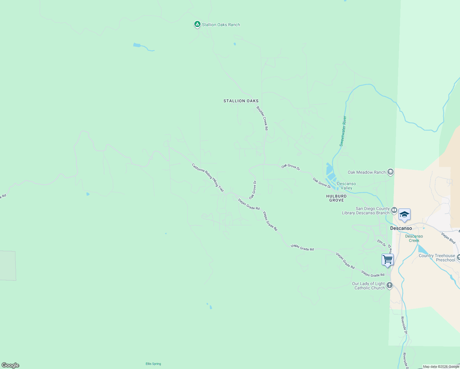 map of restaurants, bars, coffee shops, grocery stores, and more near 23684 Viejas Grade Road in Descanso