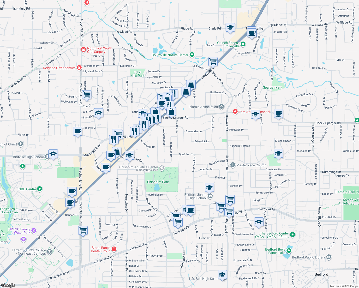 map of restaurants, bars, coffee shops, grocery stores, and more near 3613 San Bar Lane in Colleyville