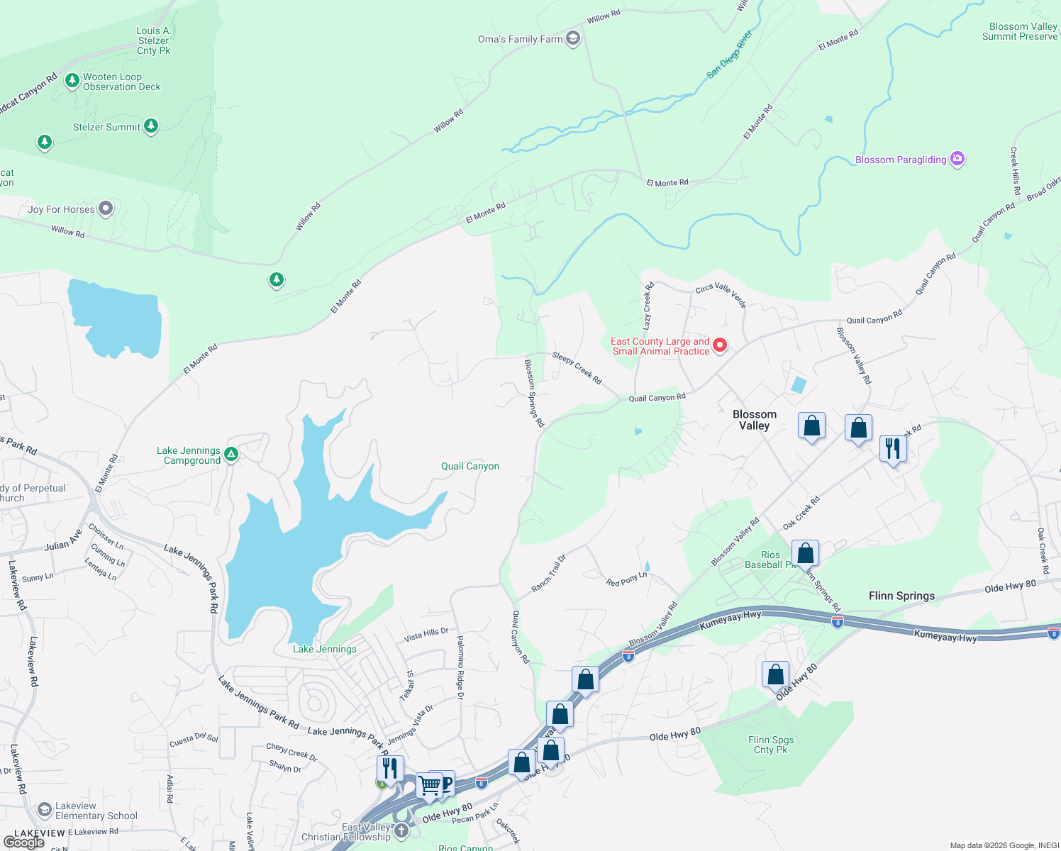 map of restaurants, bars, coffee shops, grocery stores, and more near 9920 Blossom Springs Road in El Cajon