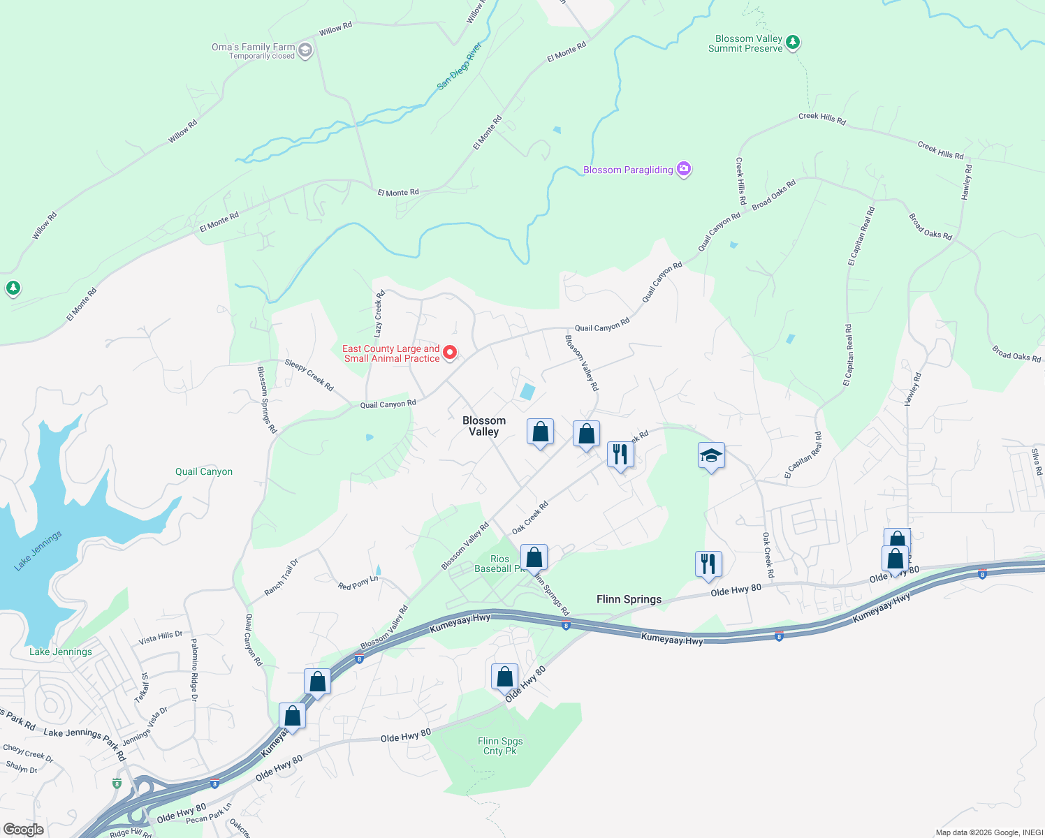 map of restaurants, bars, coffee shops, grocery stores, and more near 10039 Valle Caballo Lane in El Cajon