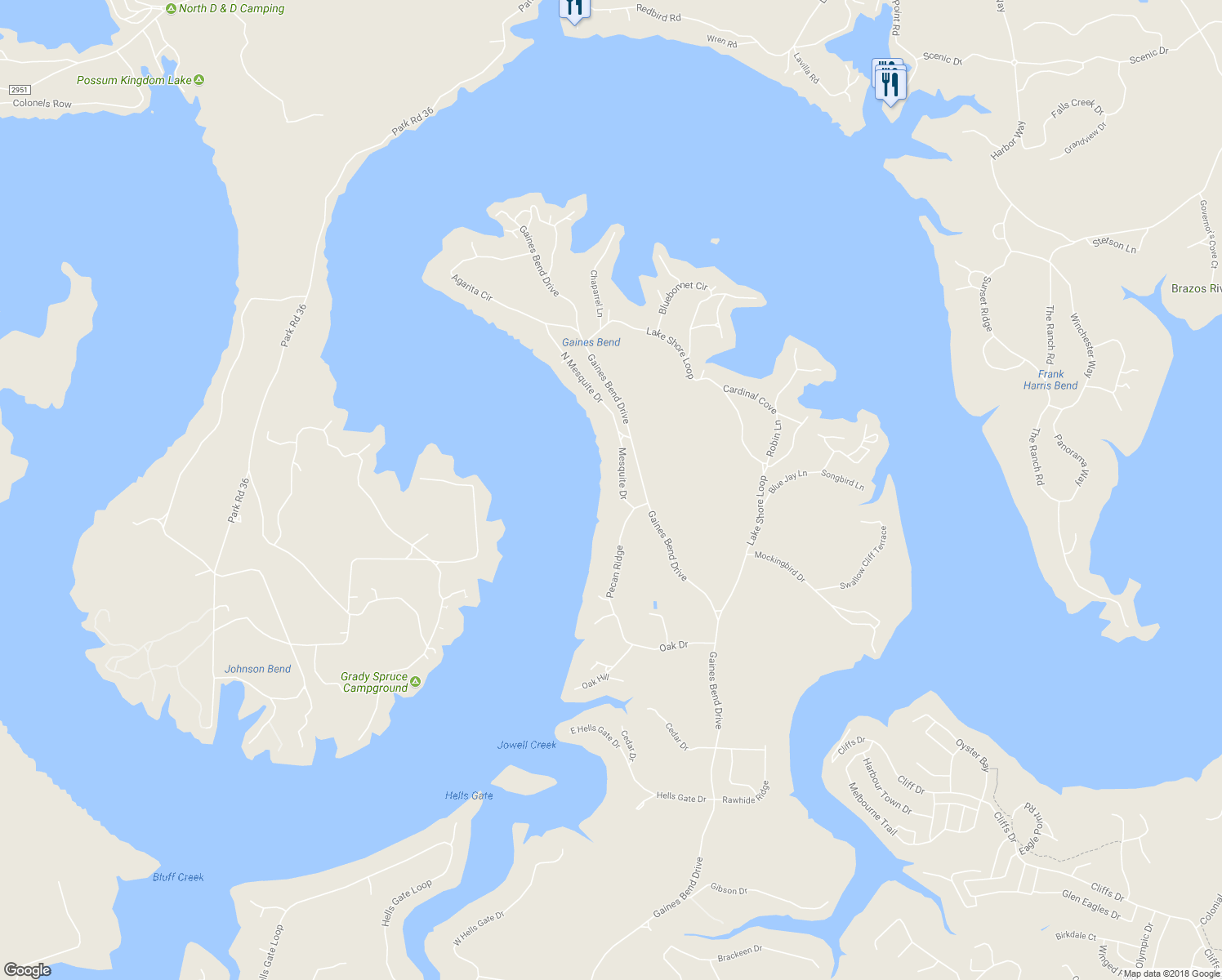 map of restaurants, bars, coffee shops, grocery stores, and more near 1005 Mesquite Ridge in Graford