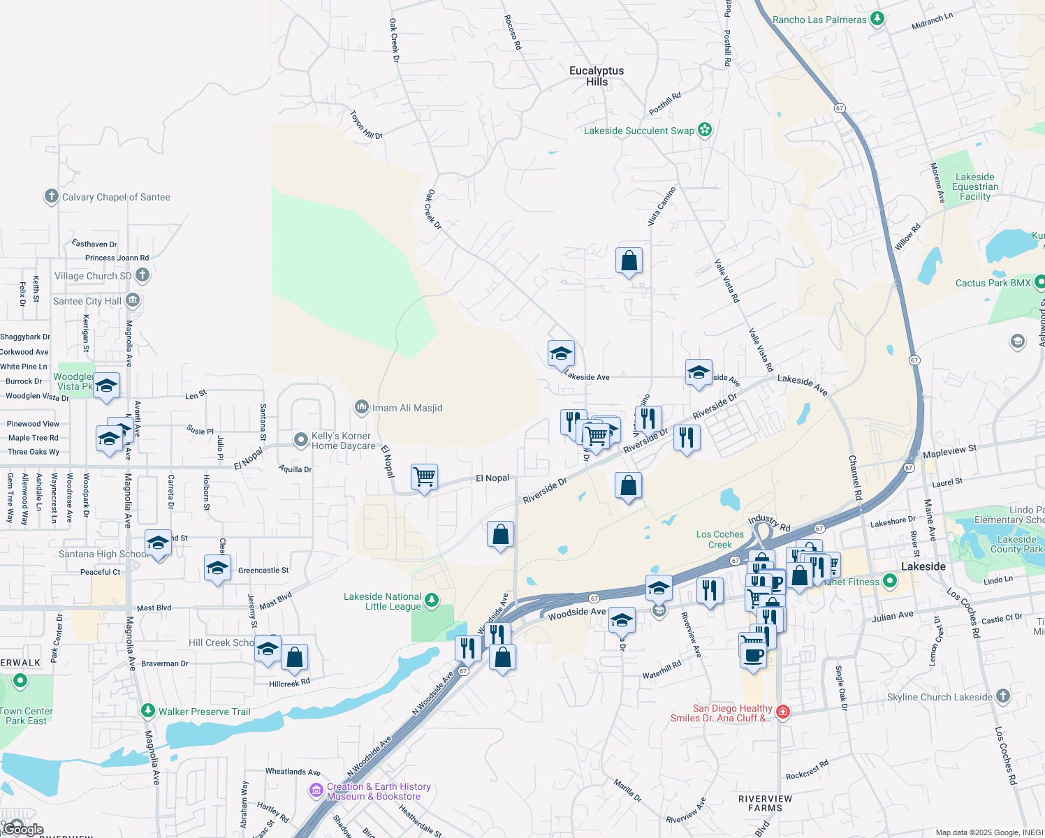 map of restaurants, bars, coffee shops, grocery stores, and more near 10340 Paseo Park Drive in Lakeside