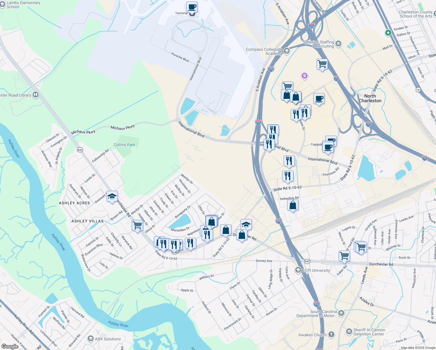 map of restaurants, bars, coffee shops, grocery stores, and more near Rachel Place in North Charleston