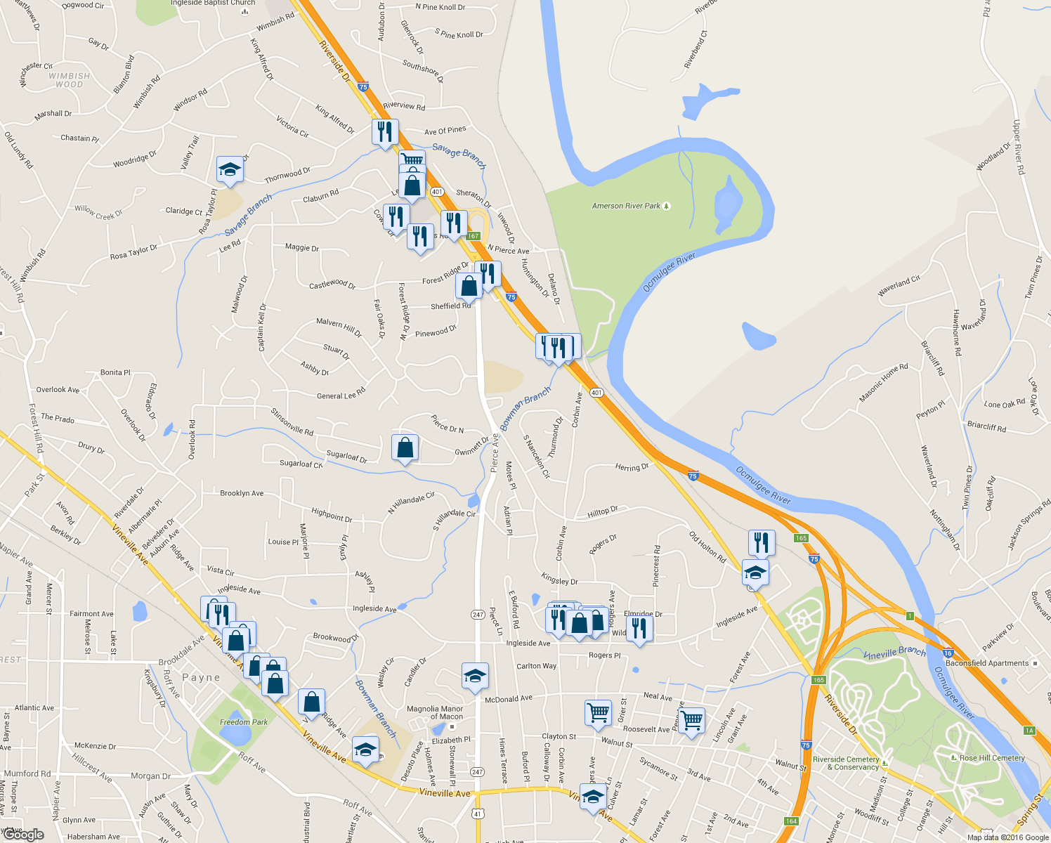 map of restaurants, bars, coffee shops, grocery stores, and more near 2587 South Nancelon Circle in Macon