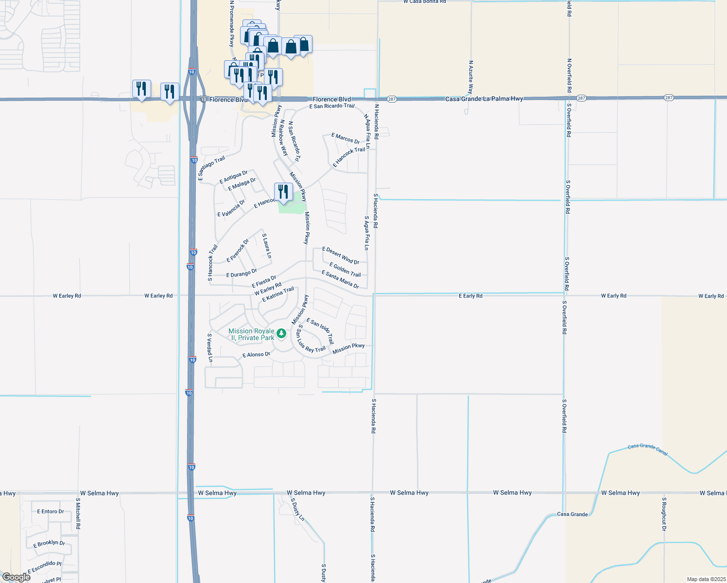 map of restaurants, bars, coffee shops, grocery stores, and more near 2677 East Santa Maria Drive in Casa Grande