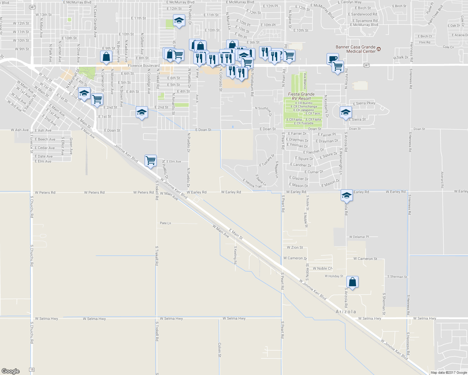 map of restaurants, bars, coffee shops, grocery stores, and more near 15094 West Earley Road in Casa Grande