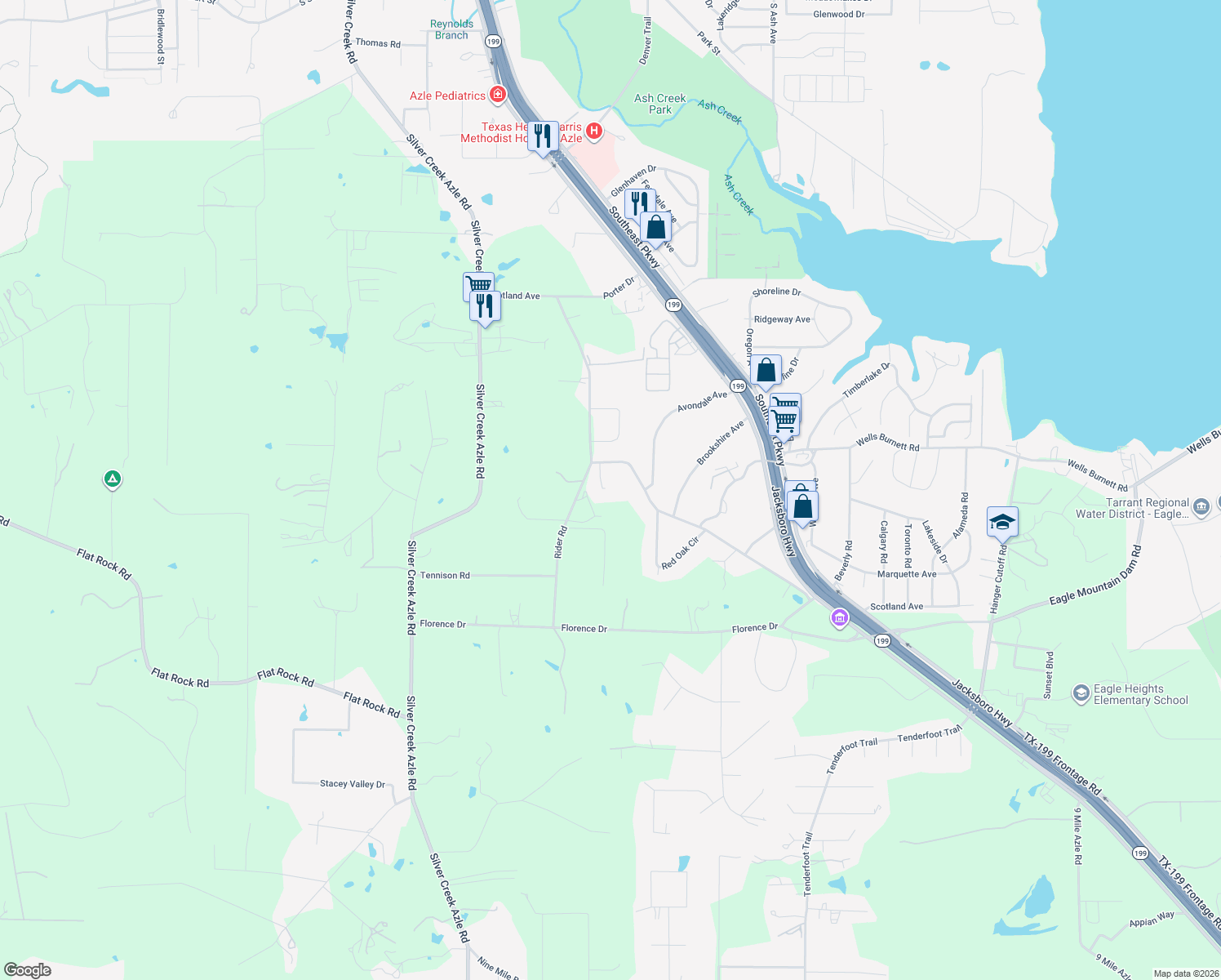 map of restaurants, bars, coffee shops, grocery stores, and more near 1308 Scotland Avenue in Azle