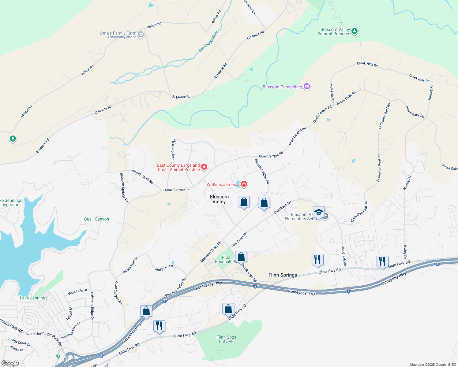 map of restaurants, bars, coffee shops, grocery stores, and more near 9986 Valle Caballo Lane in El Cajon